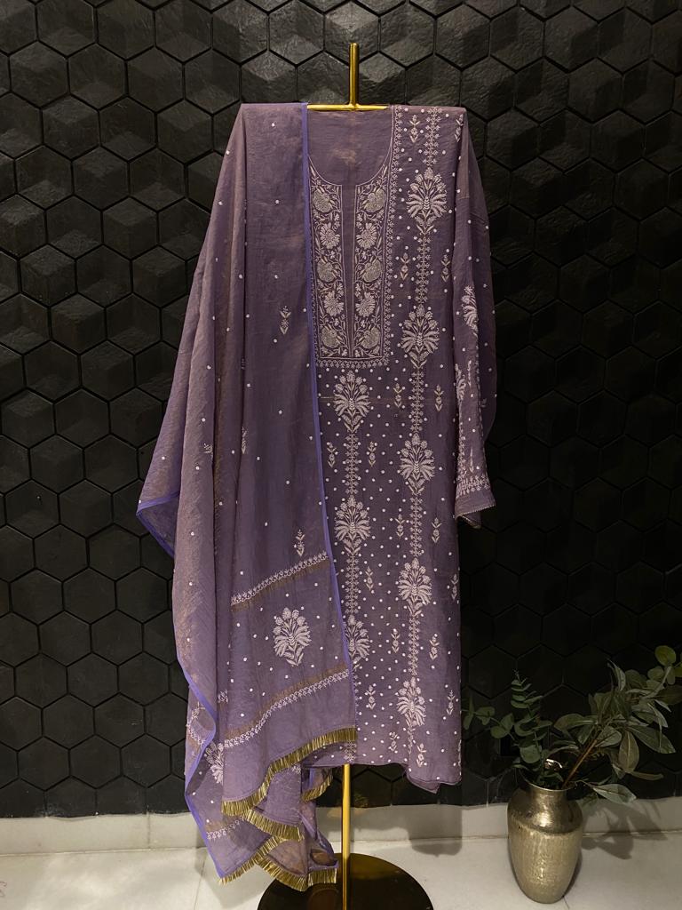 Purple Tissue Chikankari Kurta Set