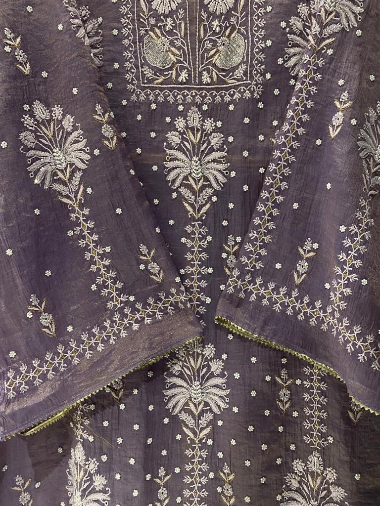 Purple Tissue Chikankari Kurta Set