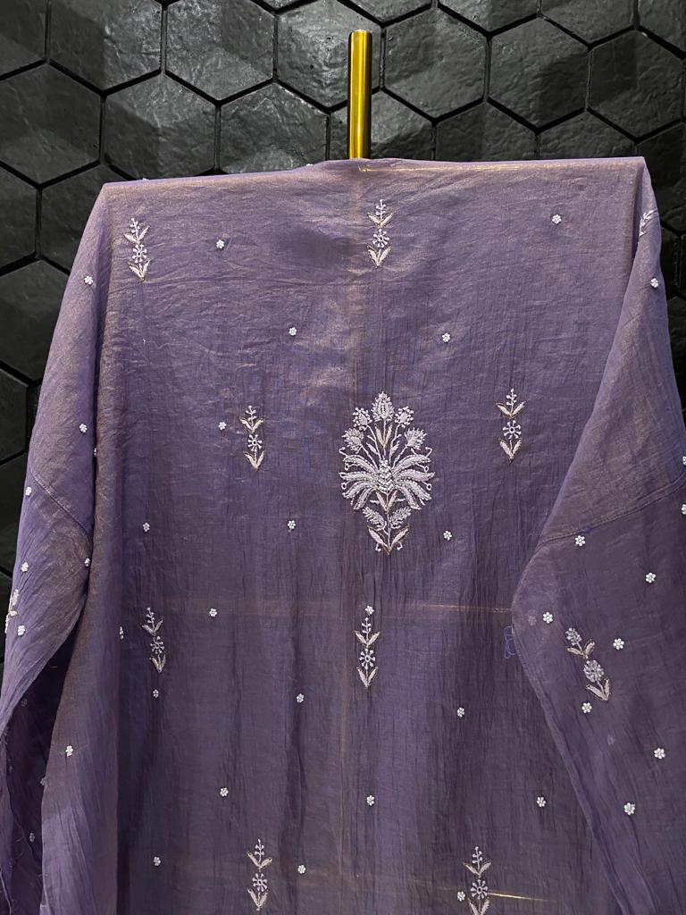 Purple Tissue Chikankari Kurta Set