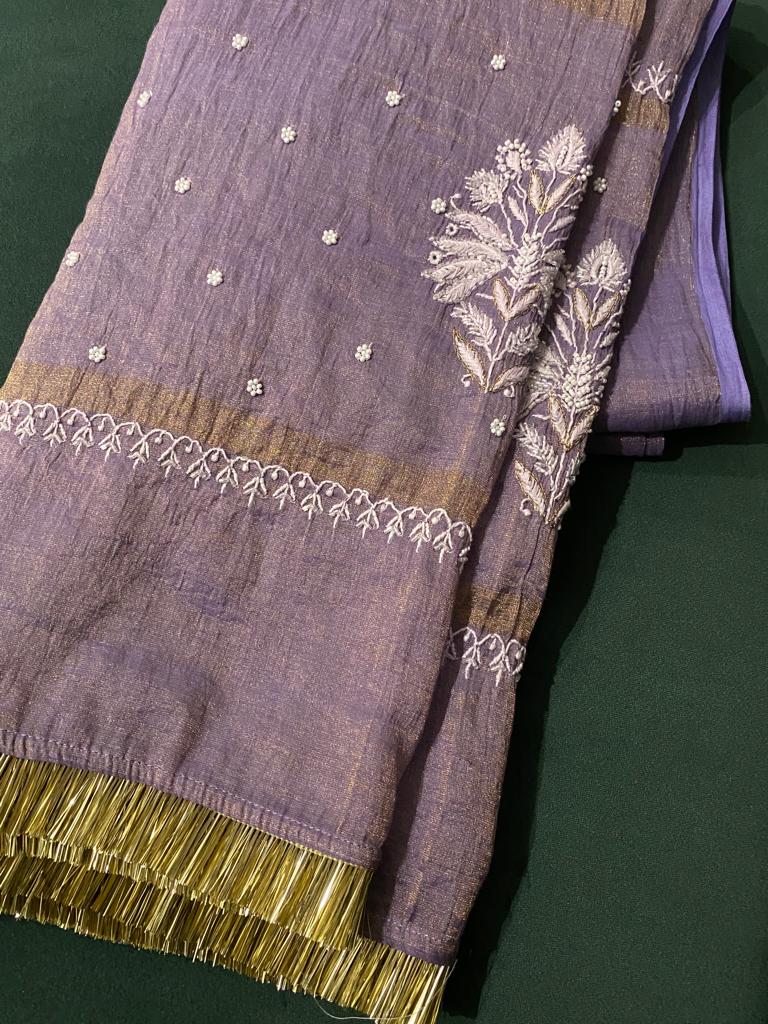 Purple Tissue Chikankari Kurta Set