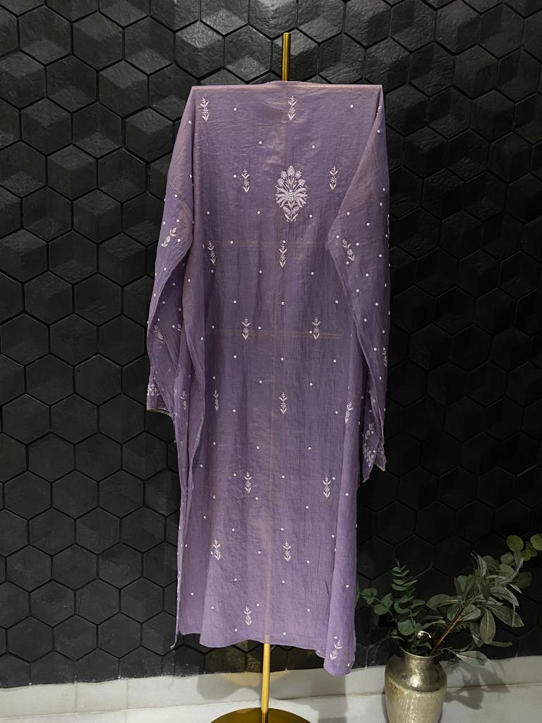 Purple Tissue Chikankari Kurta Set