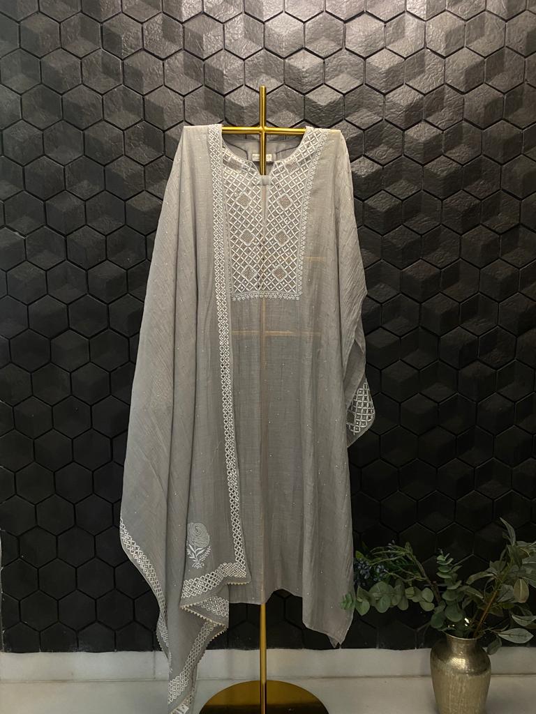 Light Grey Mul Chanderi Chikankari Kurta Set