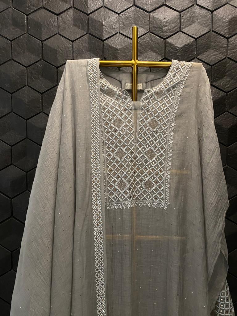 Light Grey Mul Chanderi Chikankari Kurta Set