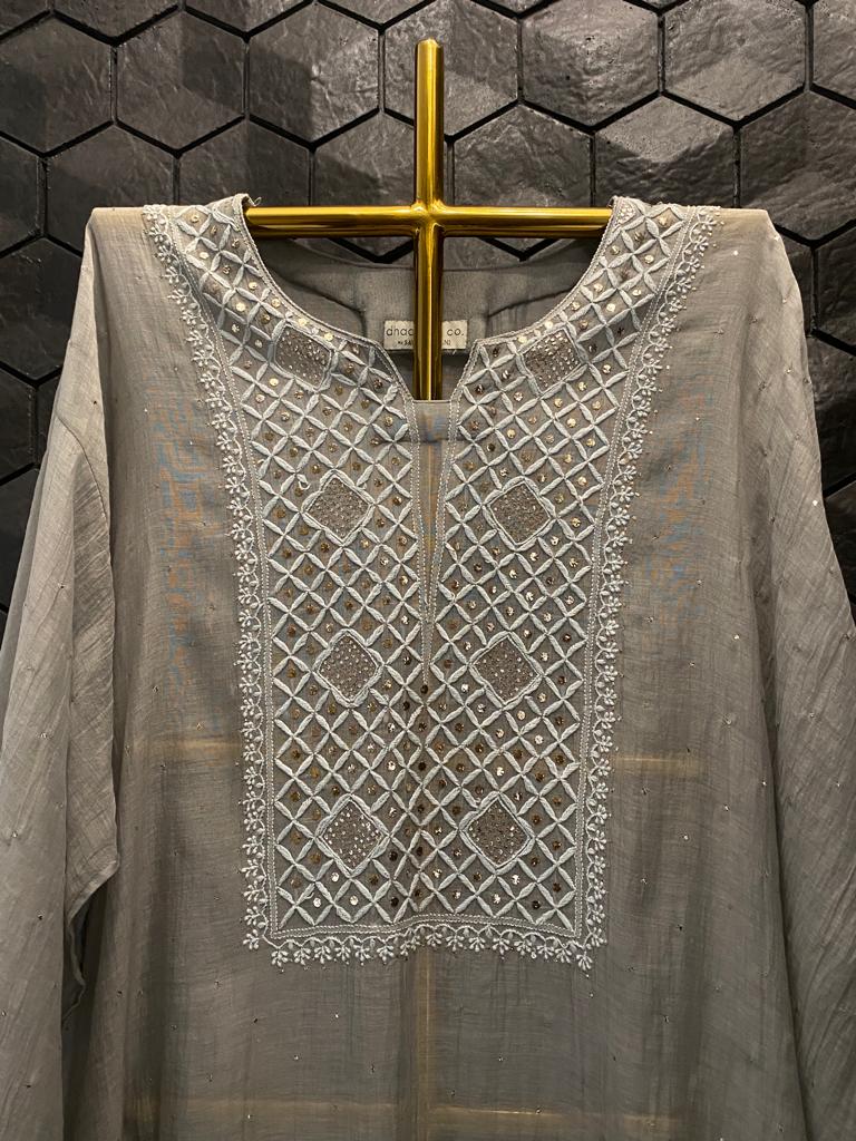 Light Grey Mul Chanderi Chikankari Kurta Set