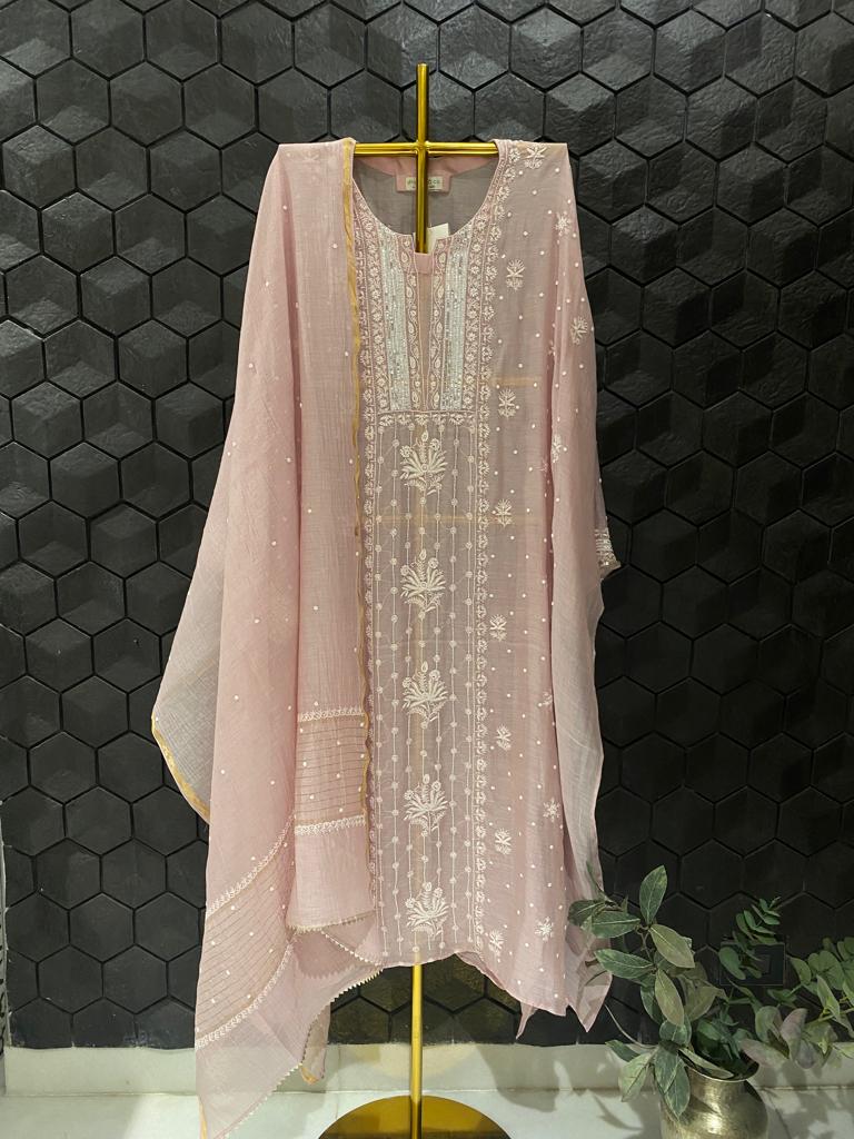 Mauve Mul Chanderi Chikankari Kurta Set