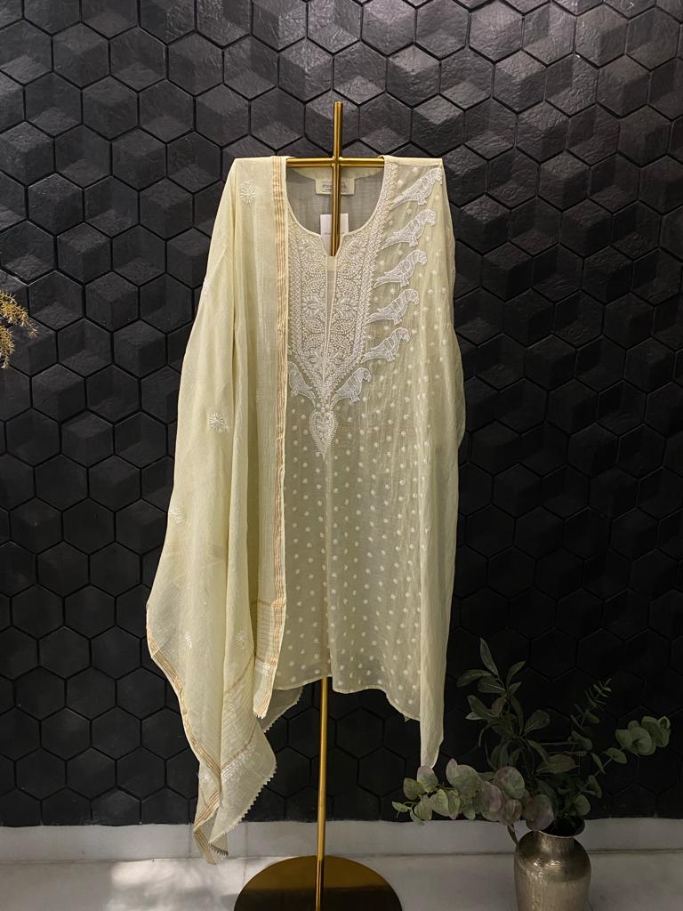 Lemon Yellow Mul Chanderi Chikankari Kurta Set