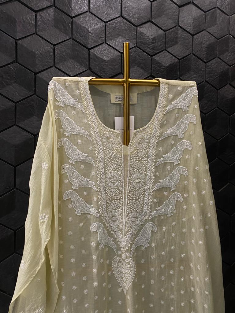 Lemon Yellow Mul Chanderi Chikankari Kurta Set