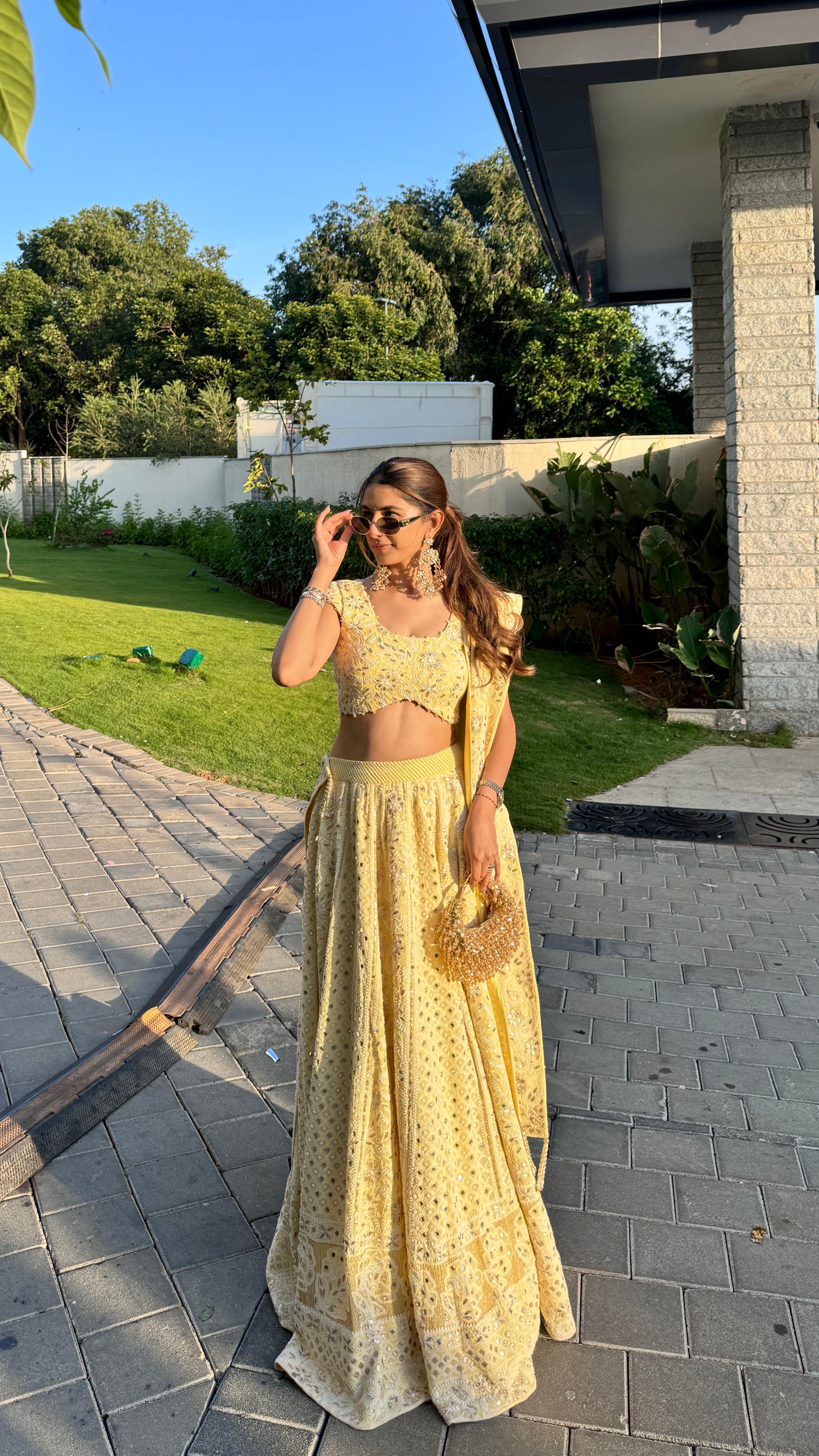 Lemon Yellow Pure Georgette  Chikankari Lehenga