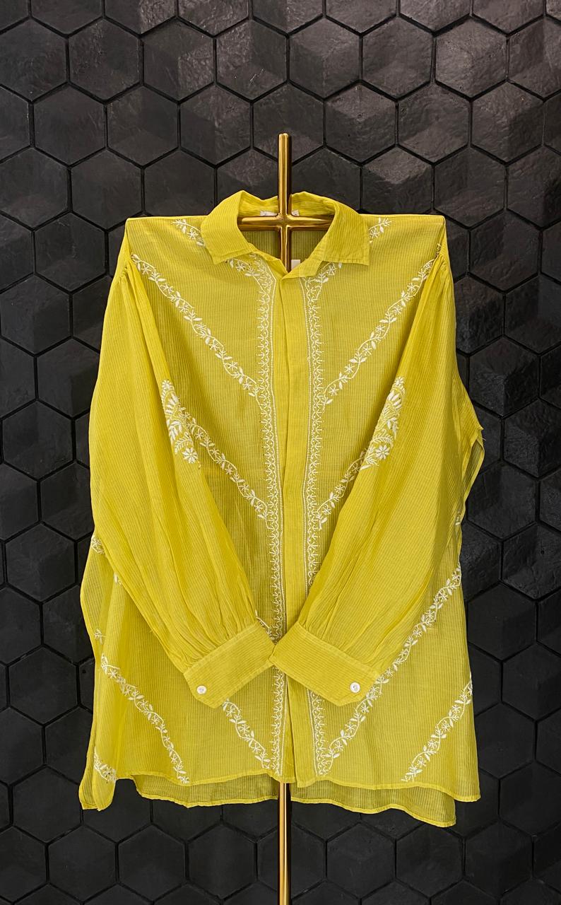 Lime Green Maheshwari Chikankari Shirt