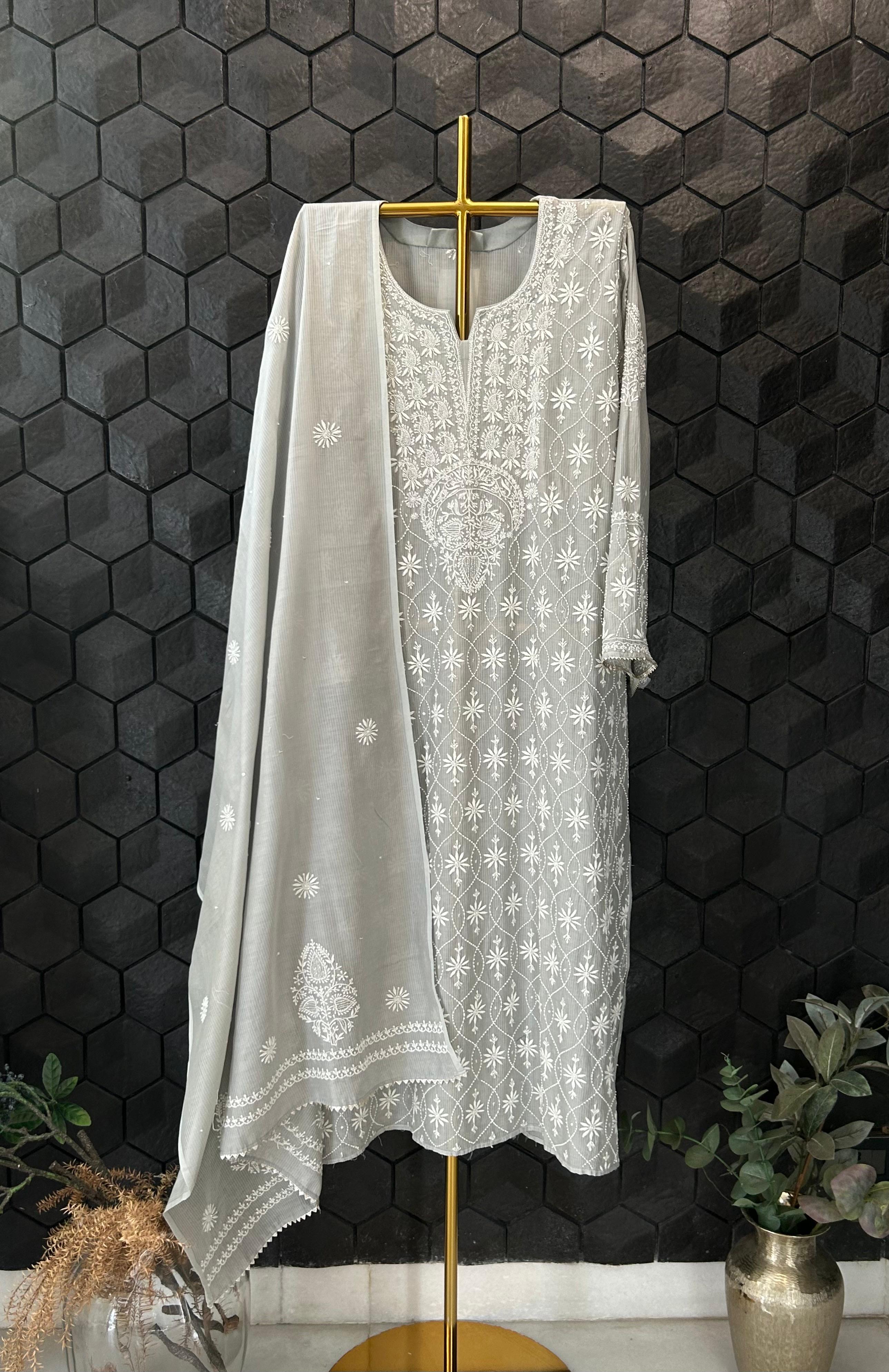 Grey Maheshwari Chikankari Kurta Set