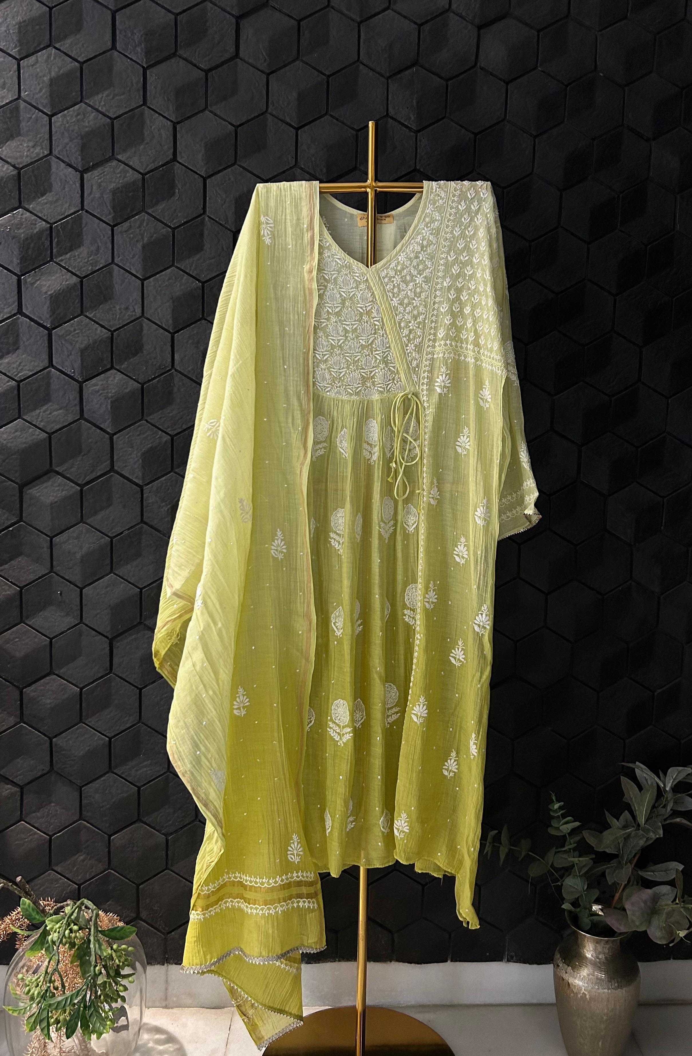 Lime Green Mul Chanderi Chikankari Angarkha Kurta Set