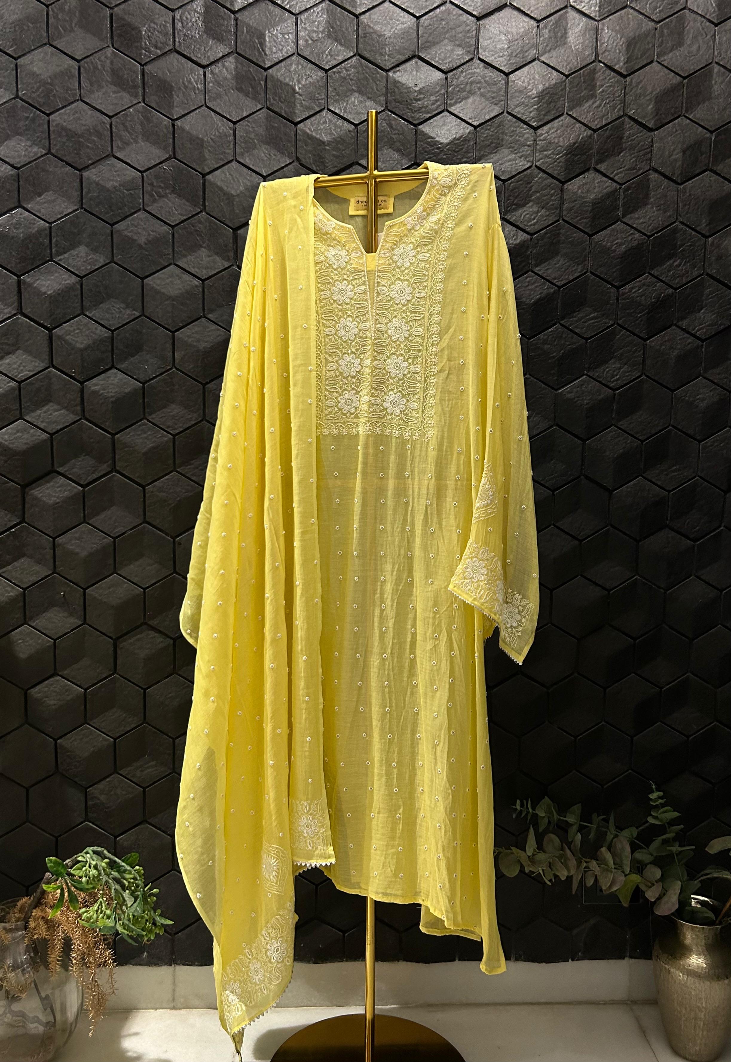 Yellow Mul Chanderi Chikankari Kurta Set