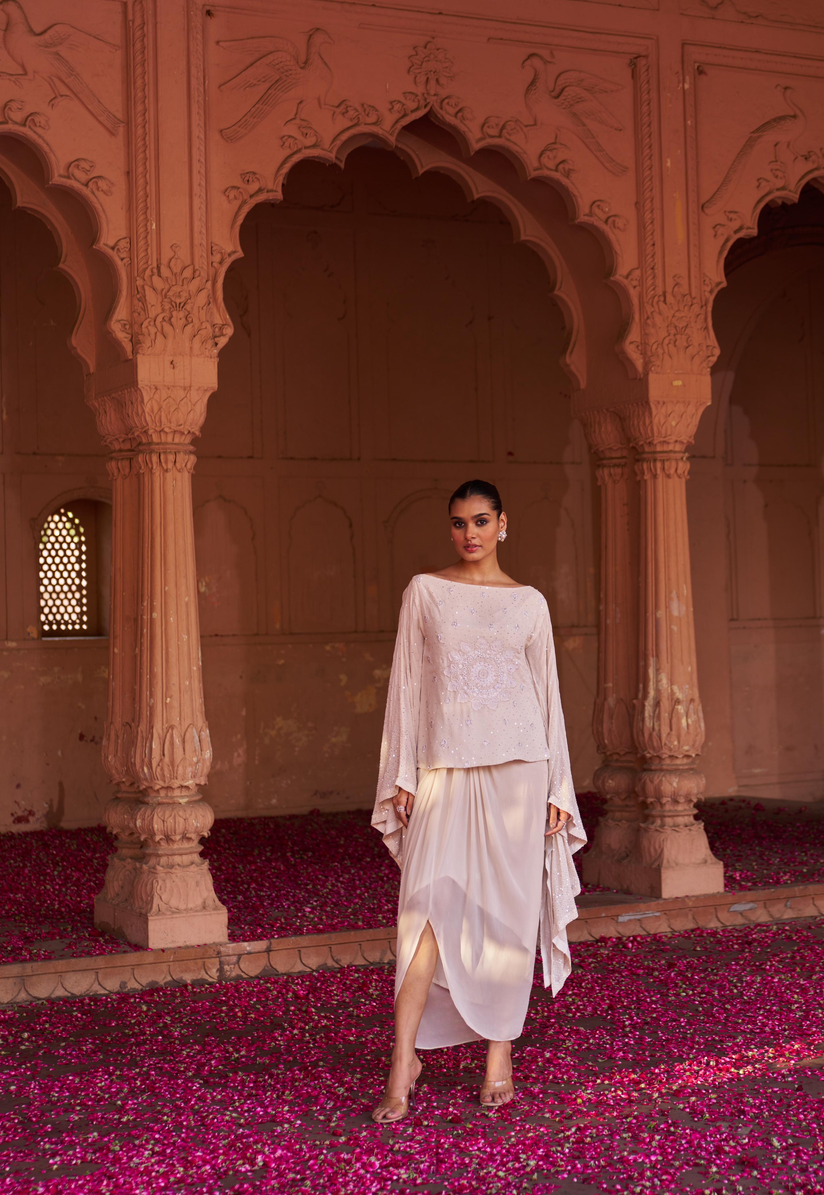 Beige Chikankari Drape top and skirt top