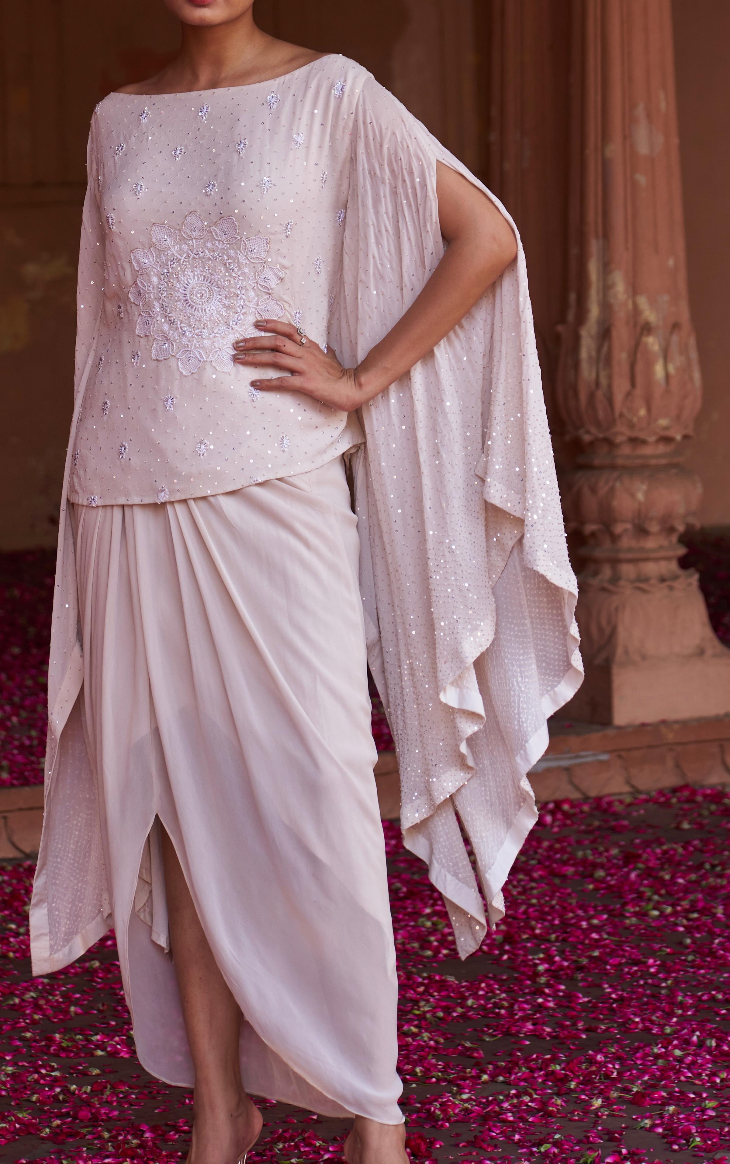 Beige Chikankari Drape top and skirt top