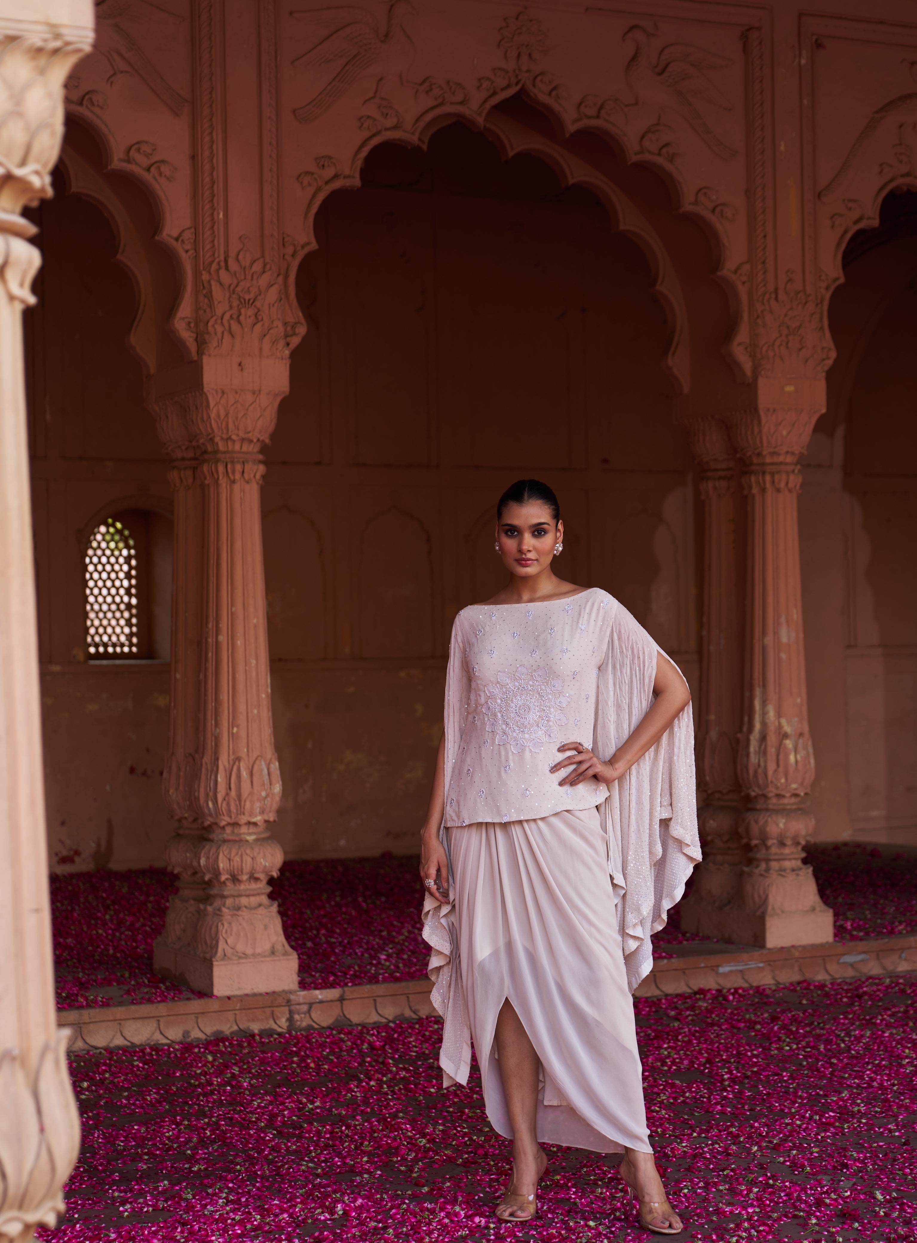 Beige Chikankari Drape top and skirt top