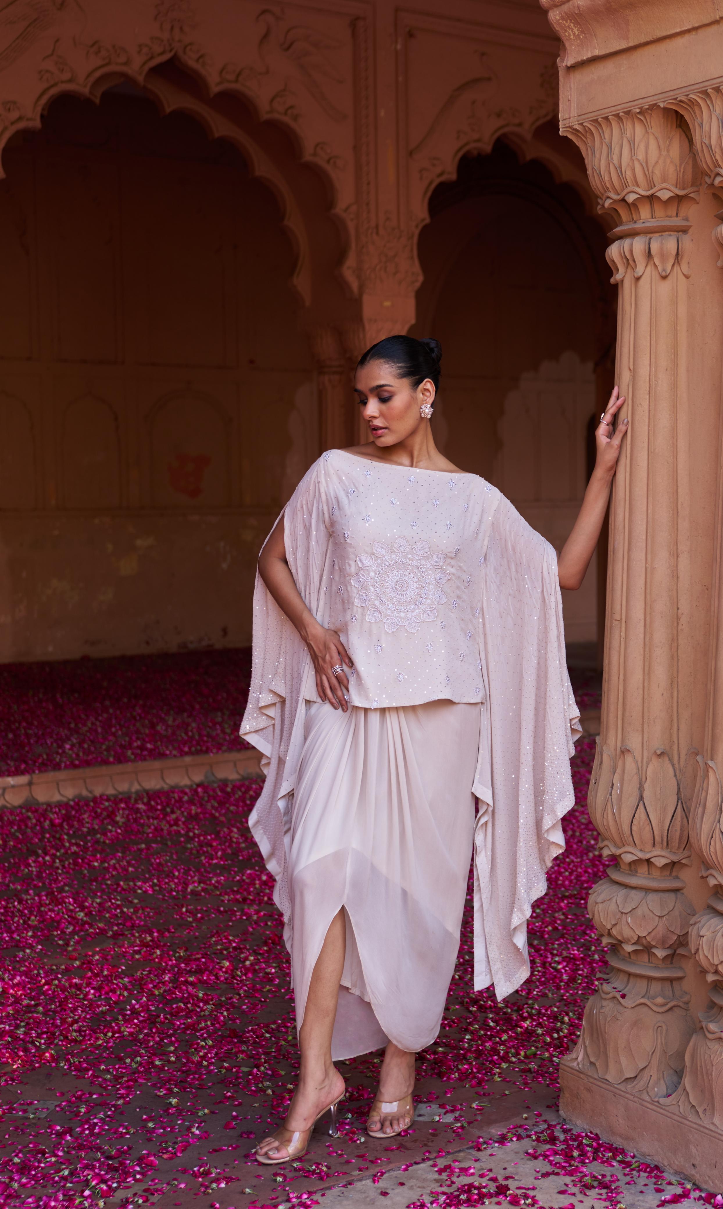 Beige Chikankari Drape top and skirt top