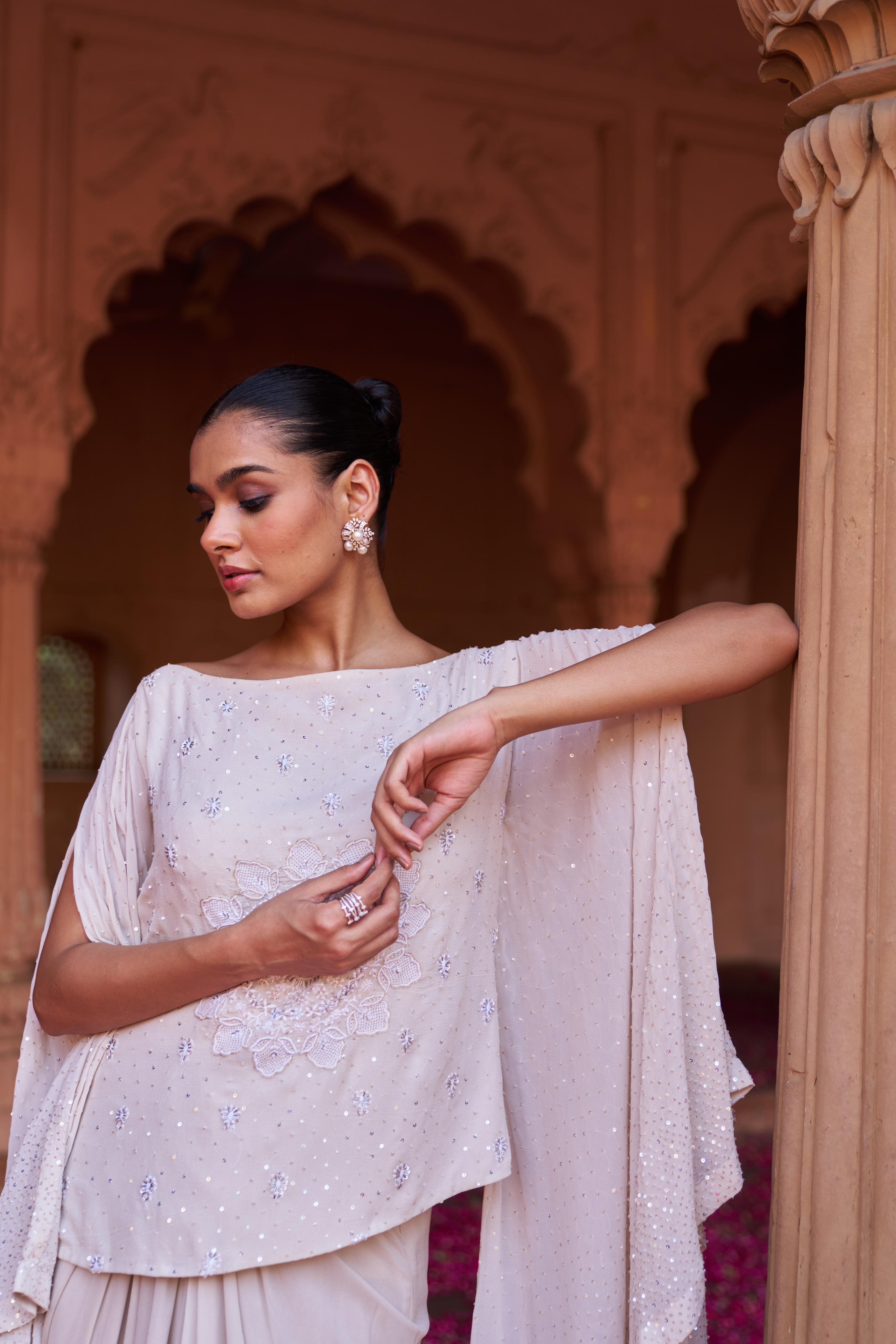 Beige Chikankari Drape top and skirt top