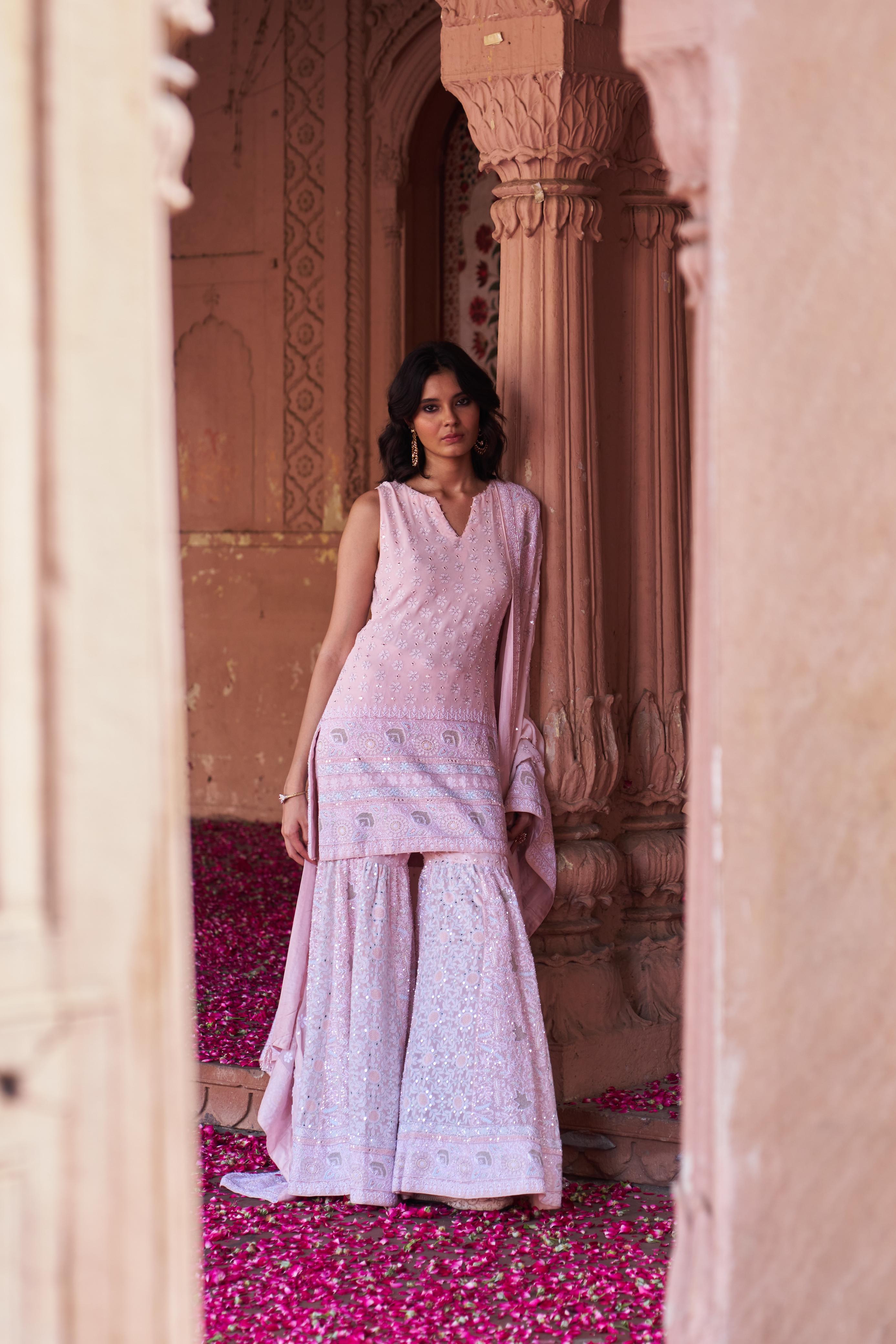 Pink Georgette Ek-taar Chikankari Sharara Set