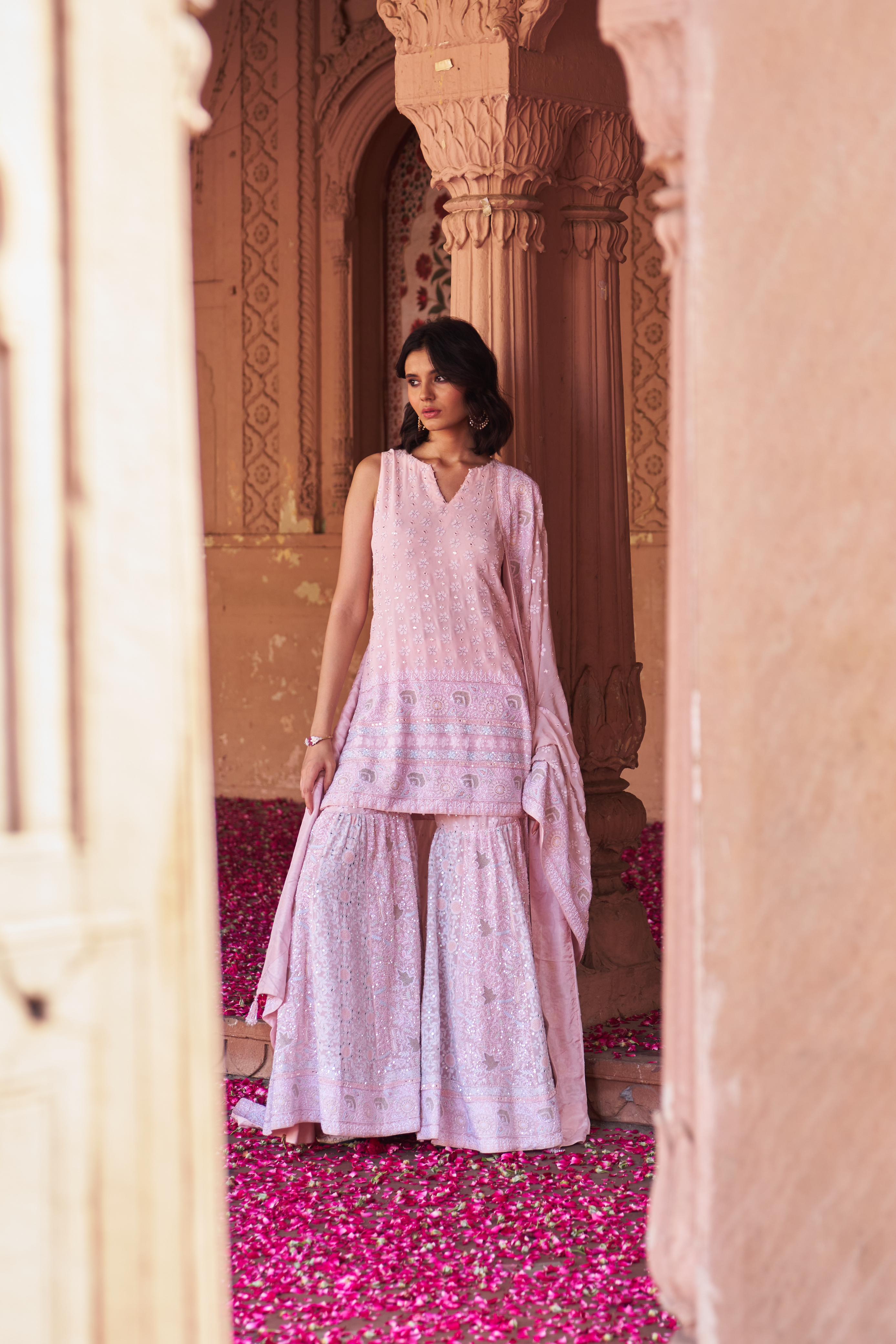 Pink Georgette Ek-taar Chikankari Sharara Set