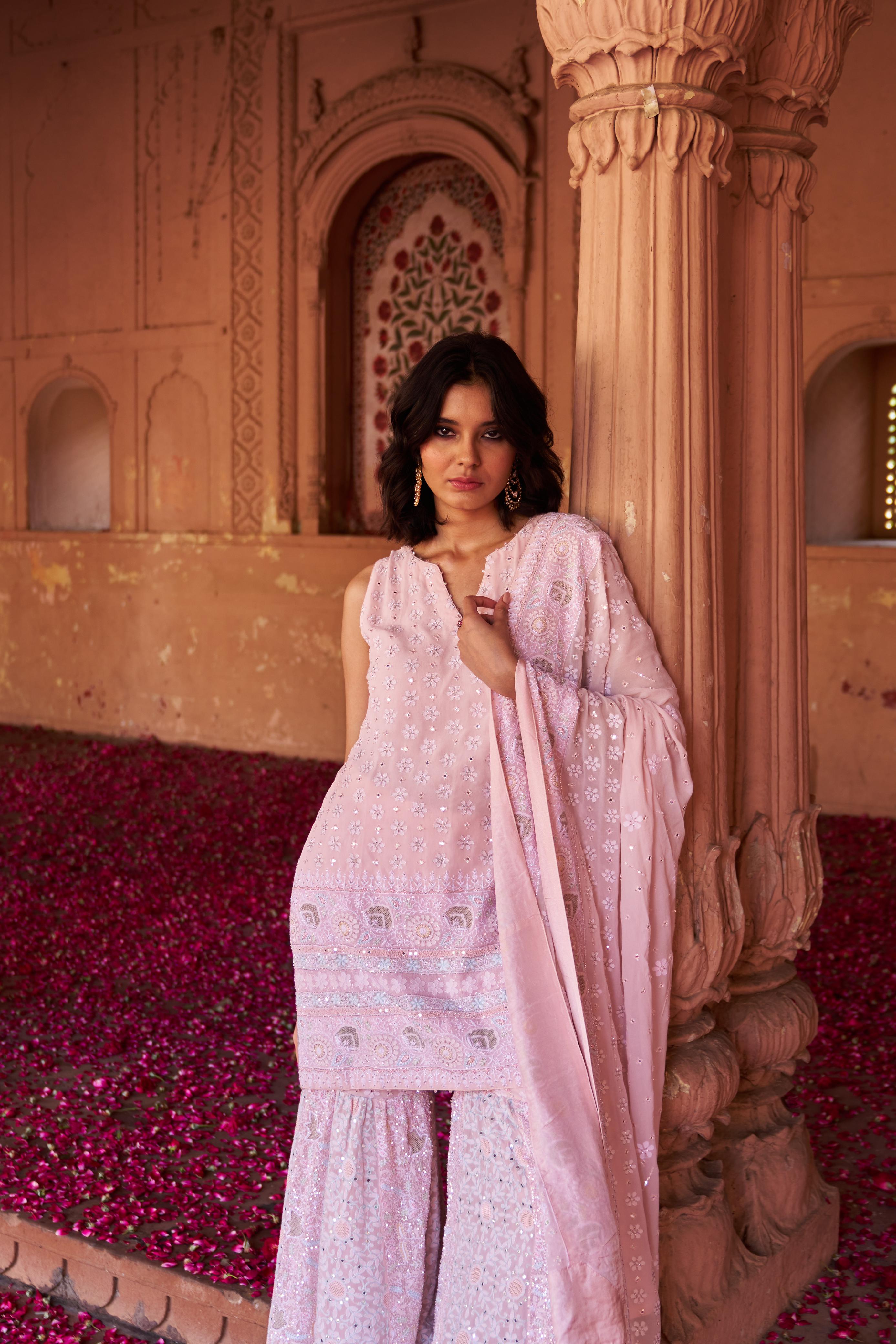 Pink Georgette Ek-taar Chikankari Sharara Set