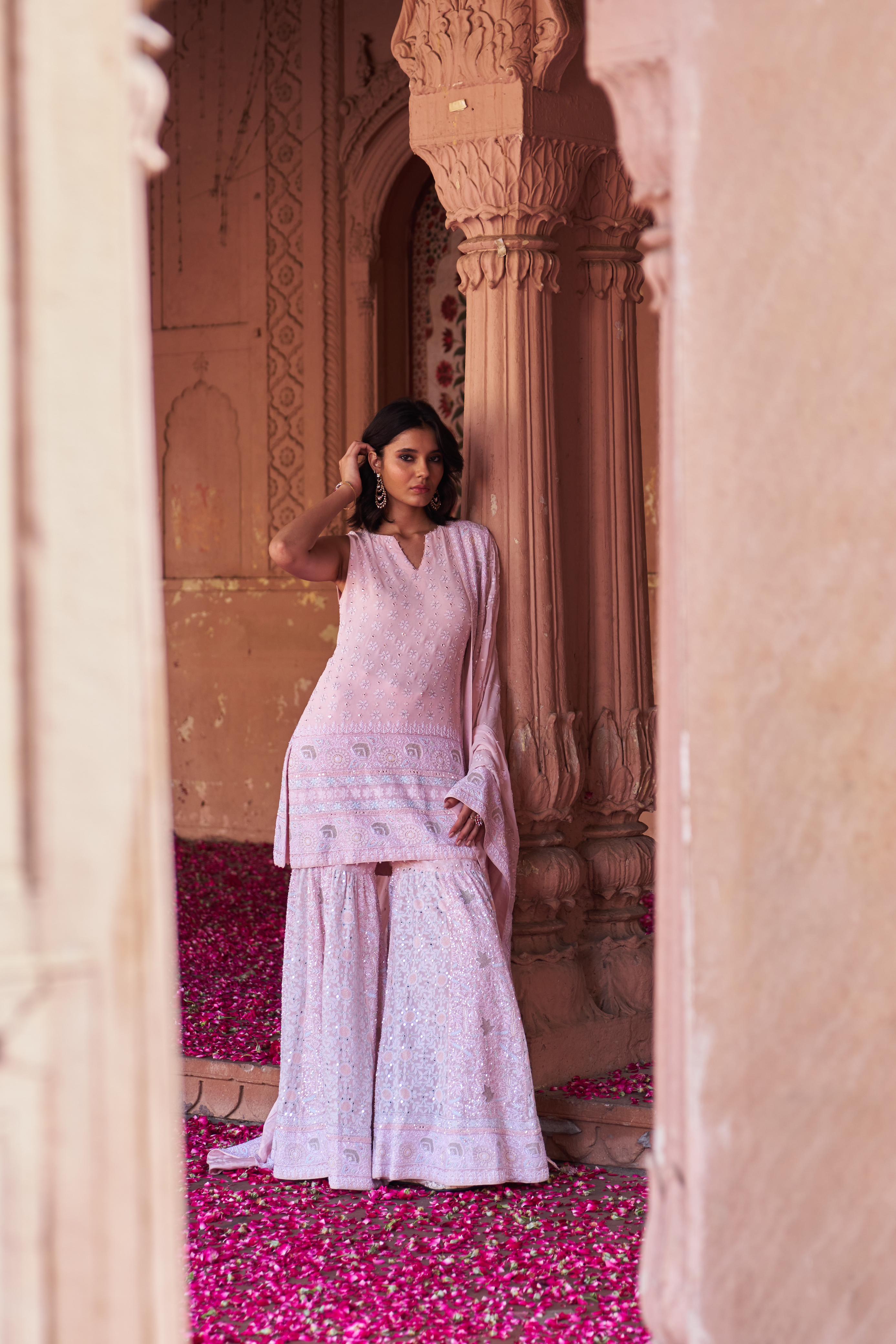 Pink Georgette Ek-taar Chikankari Sharara Set