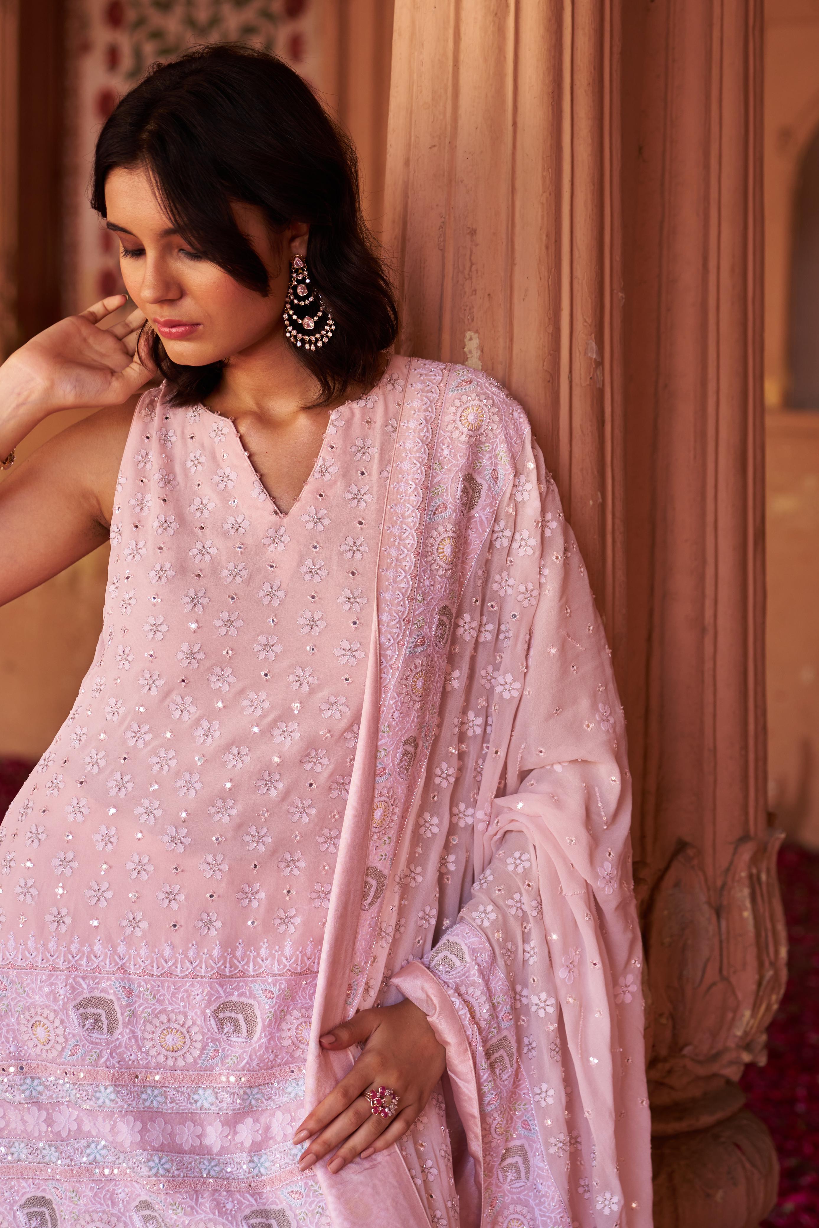 Pink Georgette Ek-taar Chikankari Sharara Set