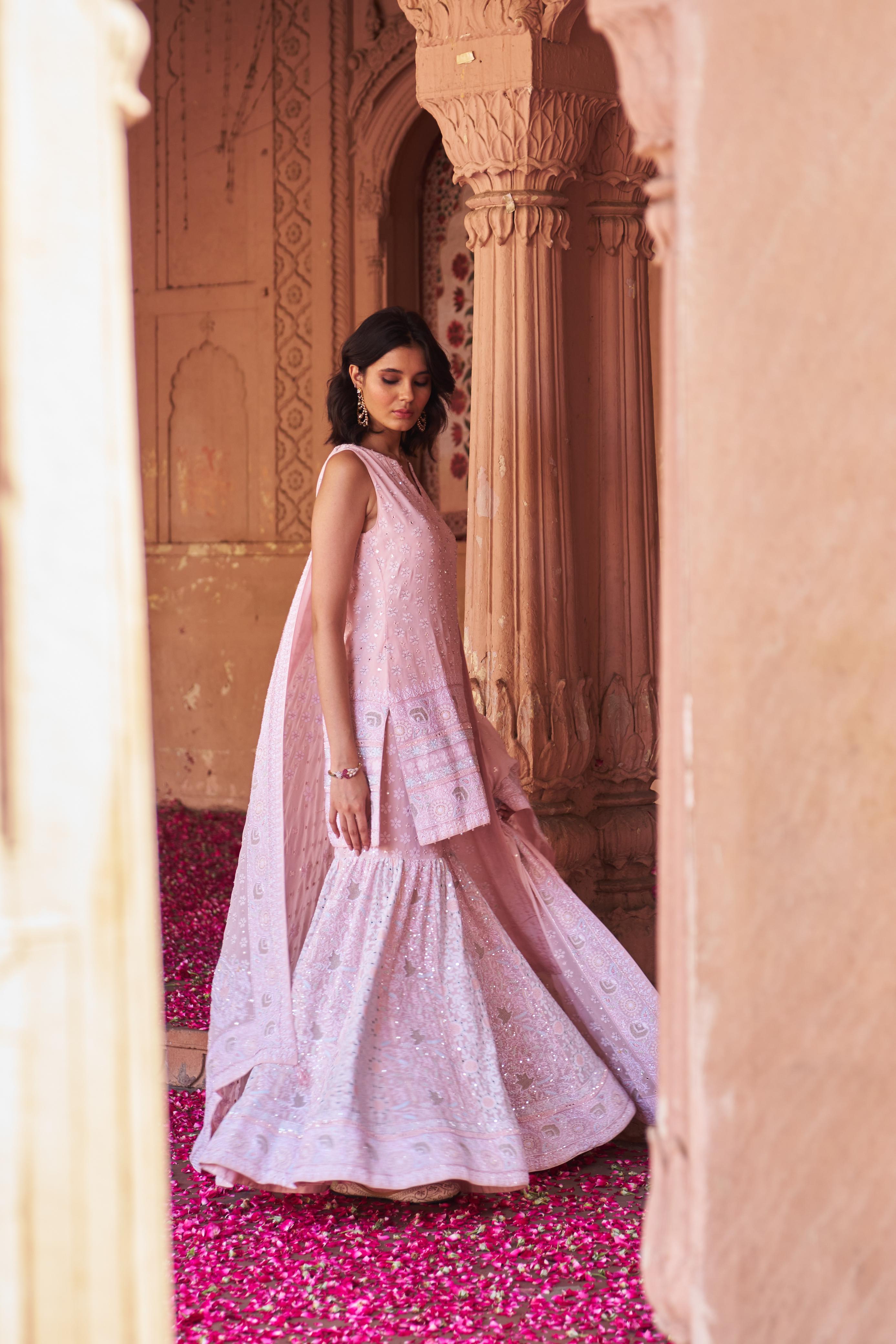 Pink Georgette Ek-taar Chikankari Sharara Set