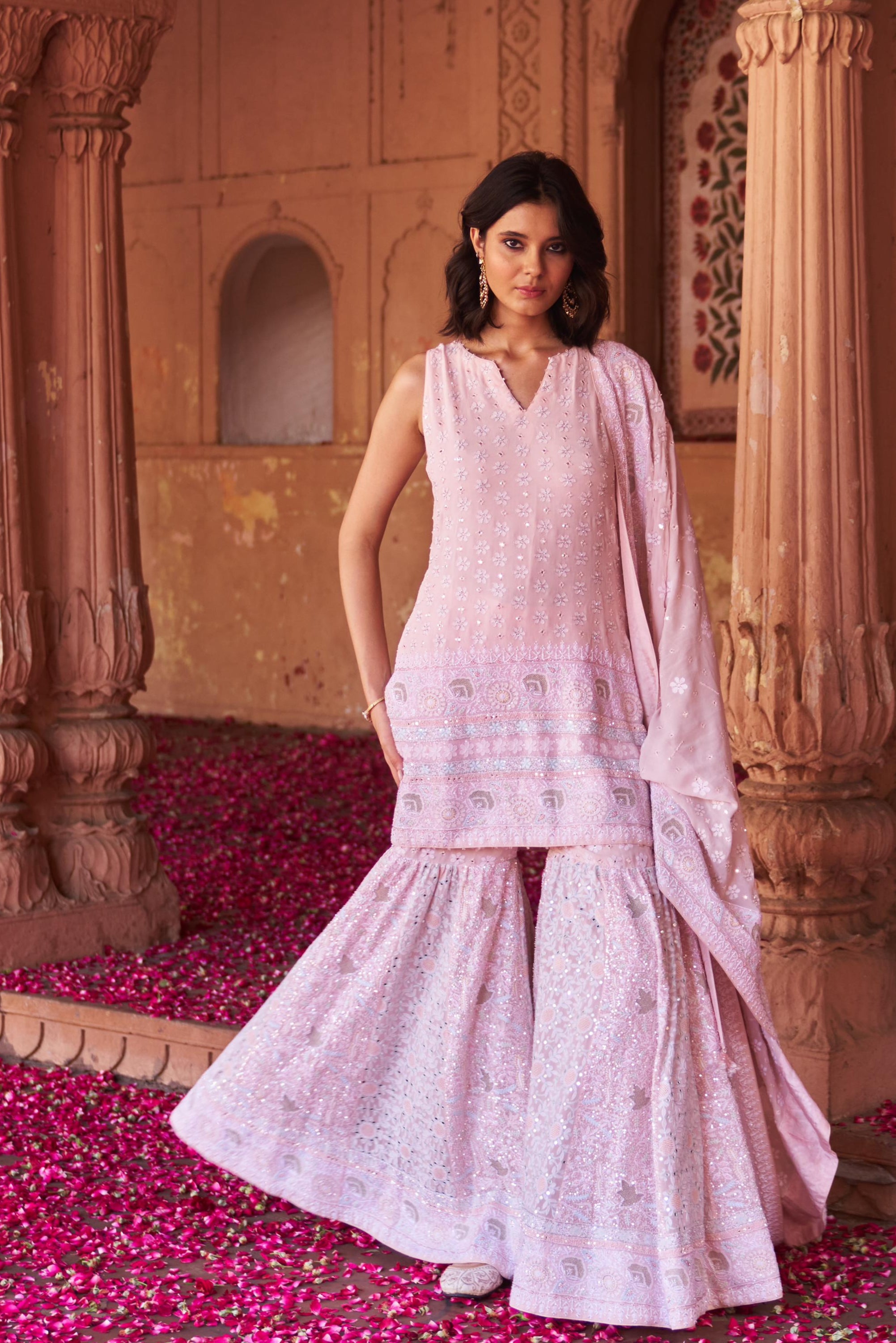 Pink Georgette Ek-taar Chikankari Sharara Set