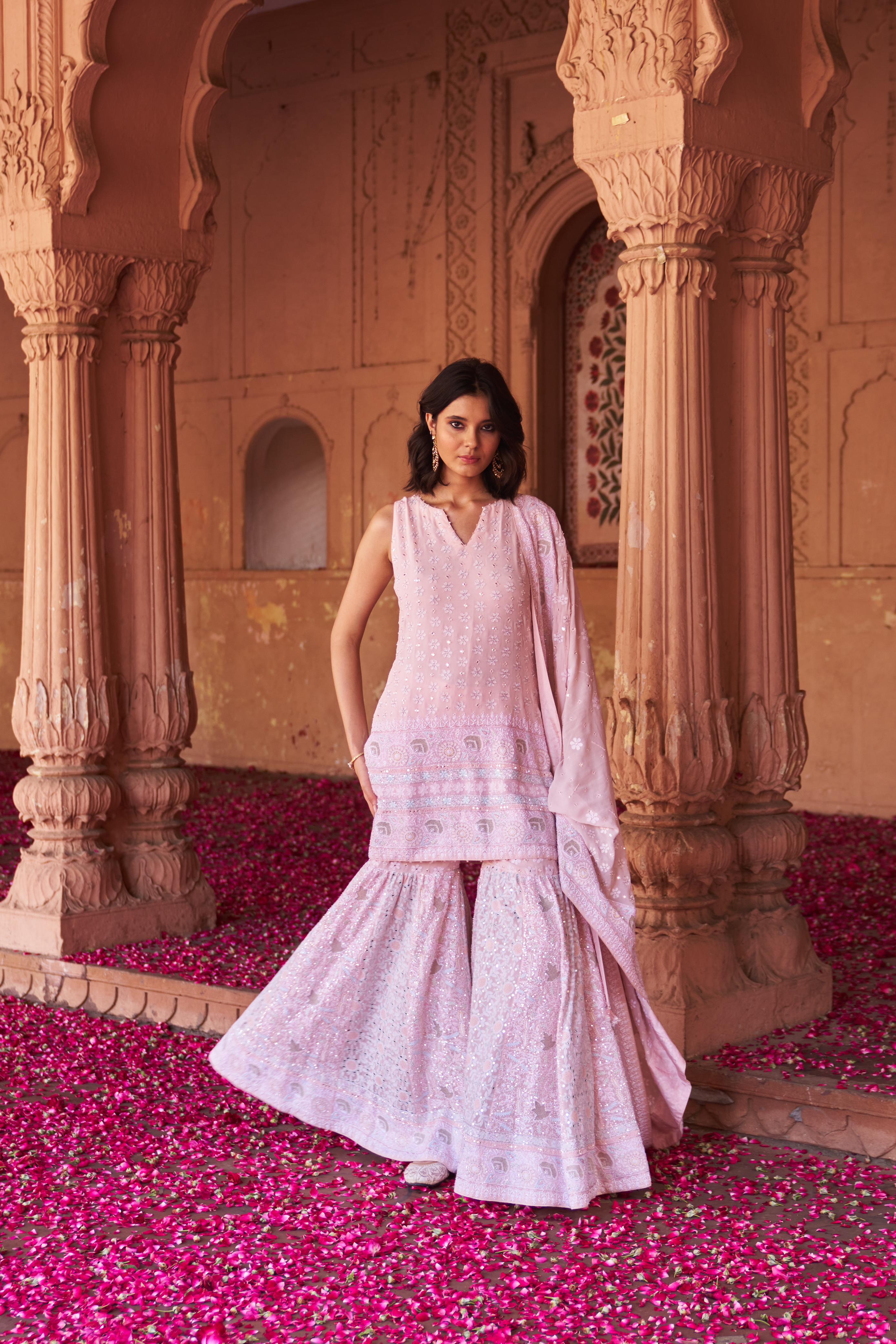 Pink Georgette Ek-taar Chikankari Sharara Set