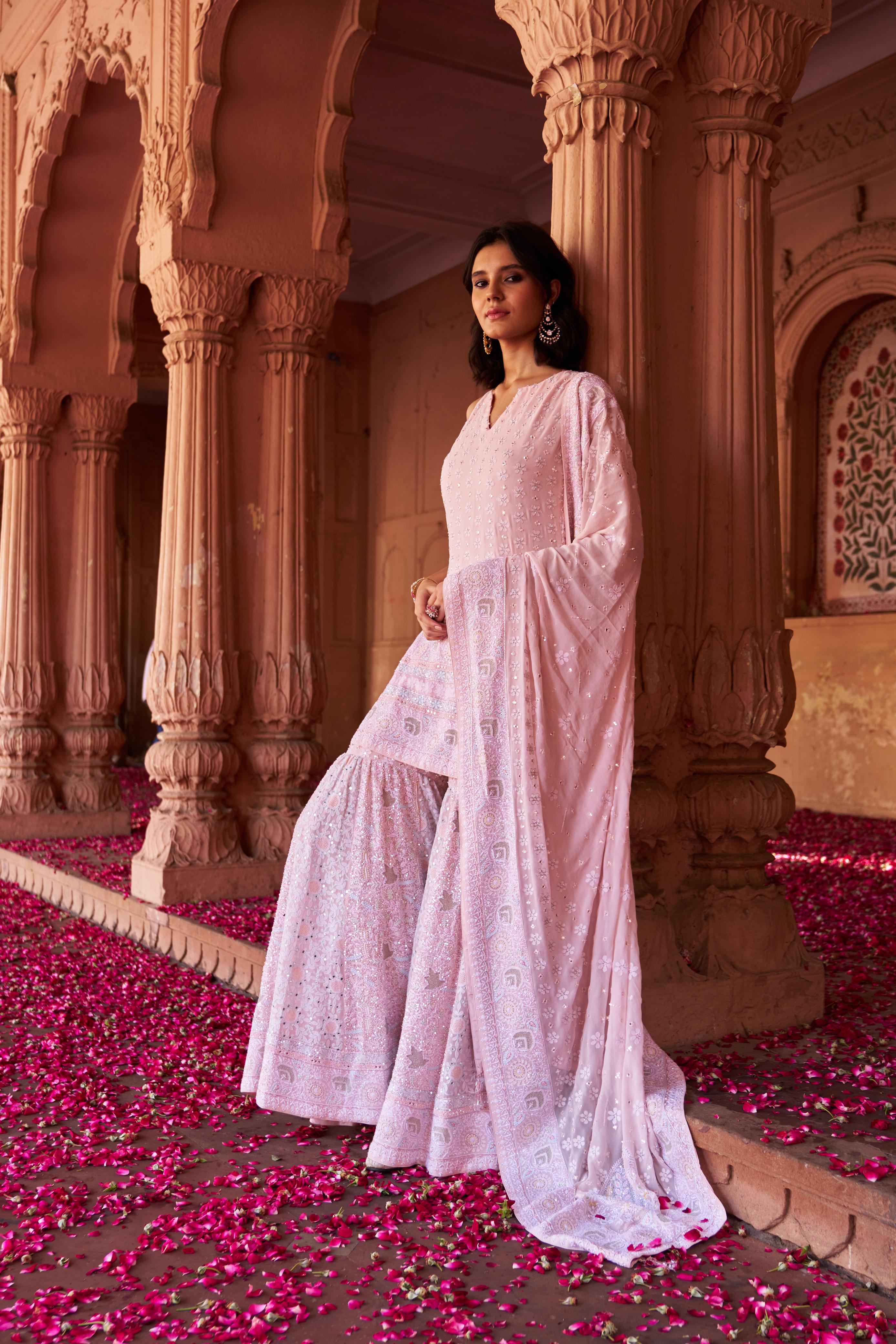 Pink Georgette Ek-taar Chikankari Sharara Set