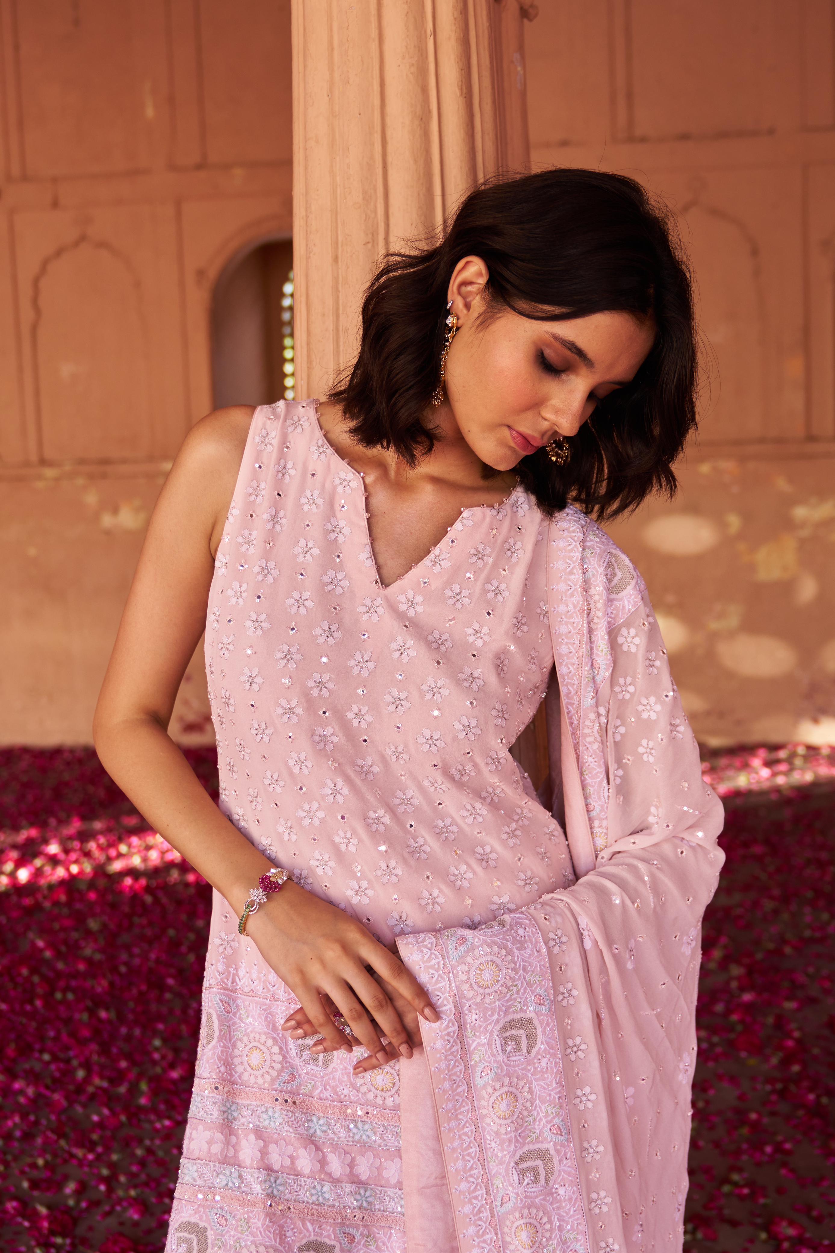 Pink Georgette Ek-taar Chikankari Sharara Set