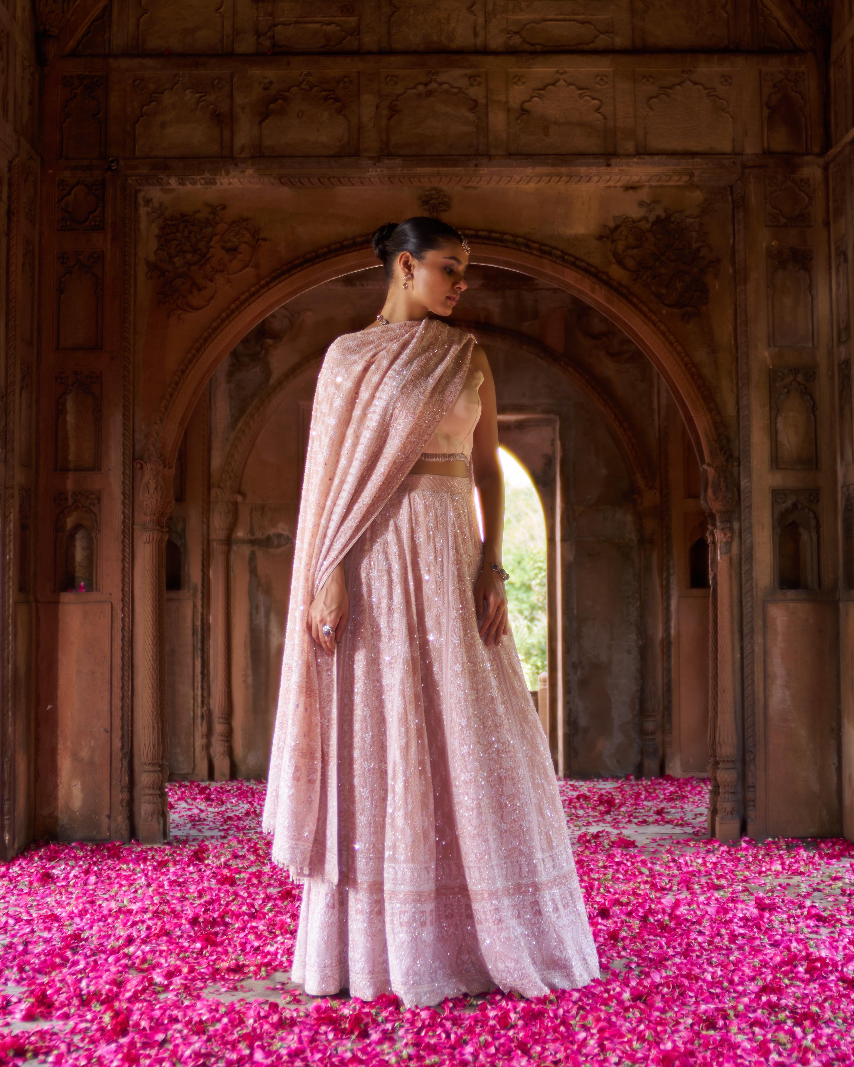 Peach Ek-taar Georgette Chikankari Lehenga Set