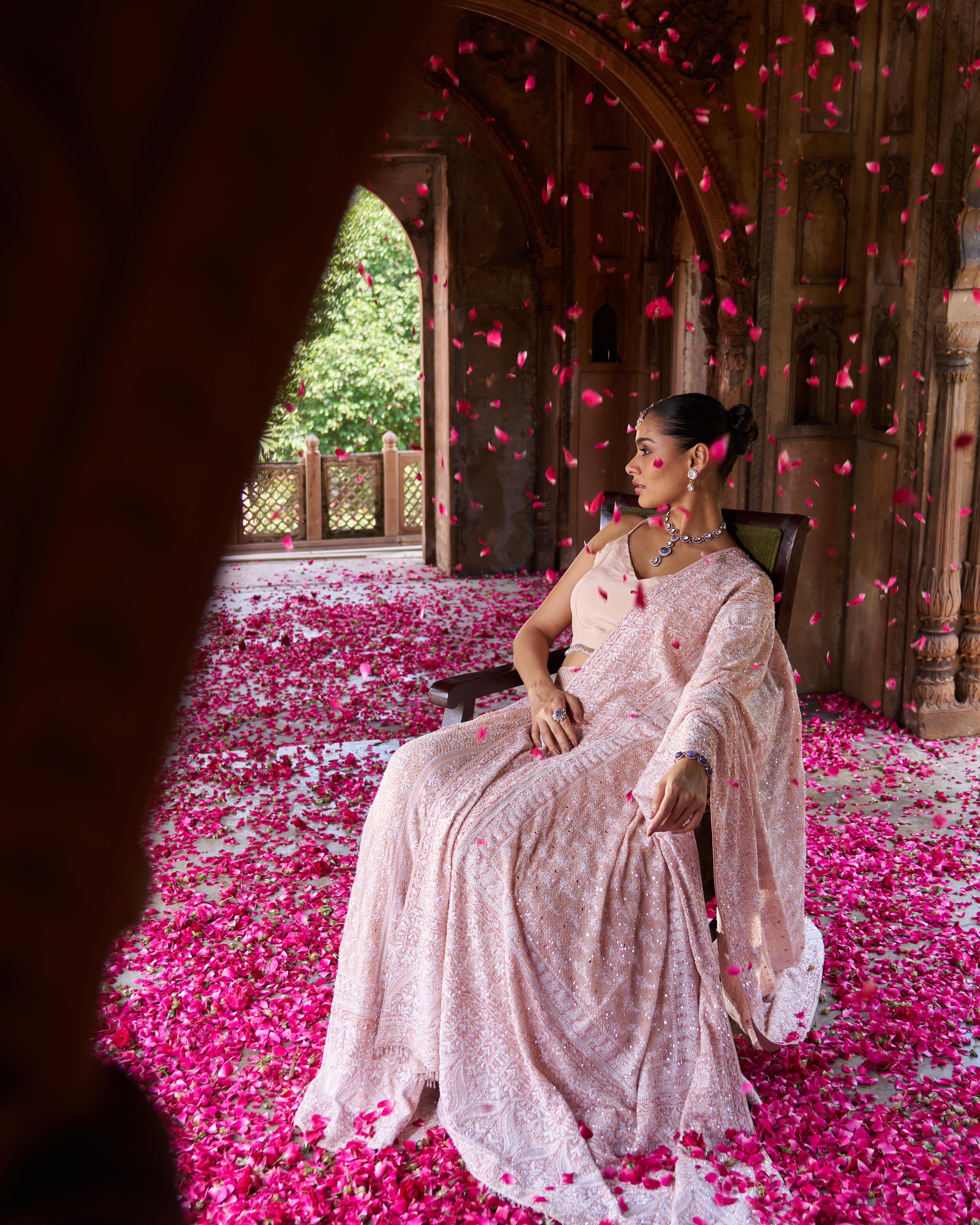 Peach Ek-taar Georgette Chikankari Lehenga Set