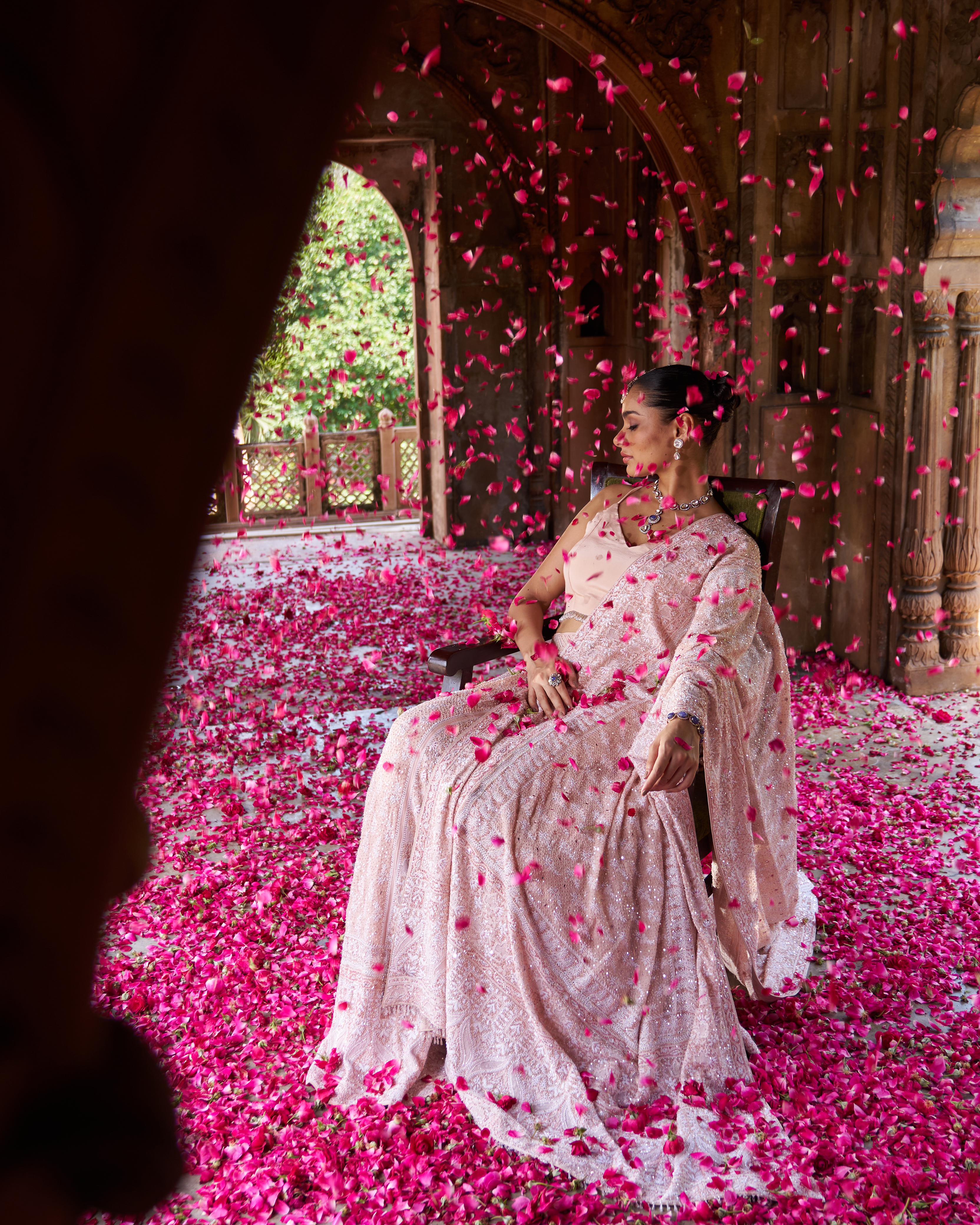 Peach Ek-taar Georgette Chikankari Lehenga Set