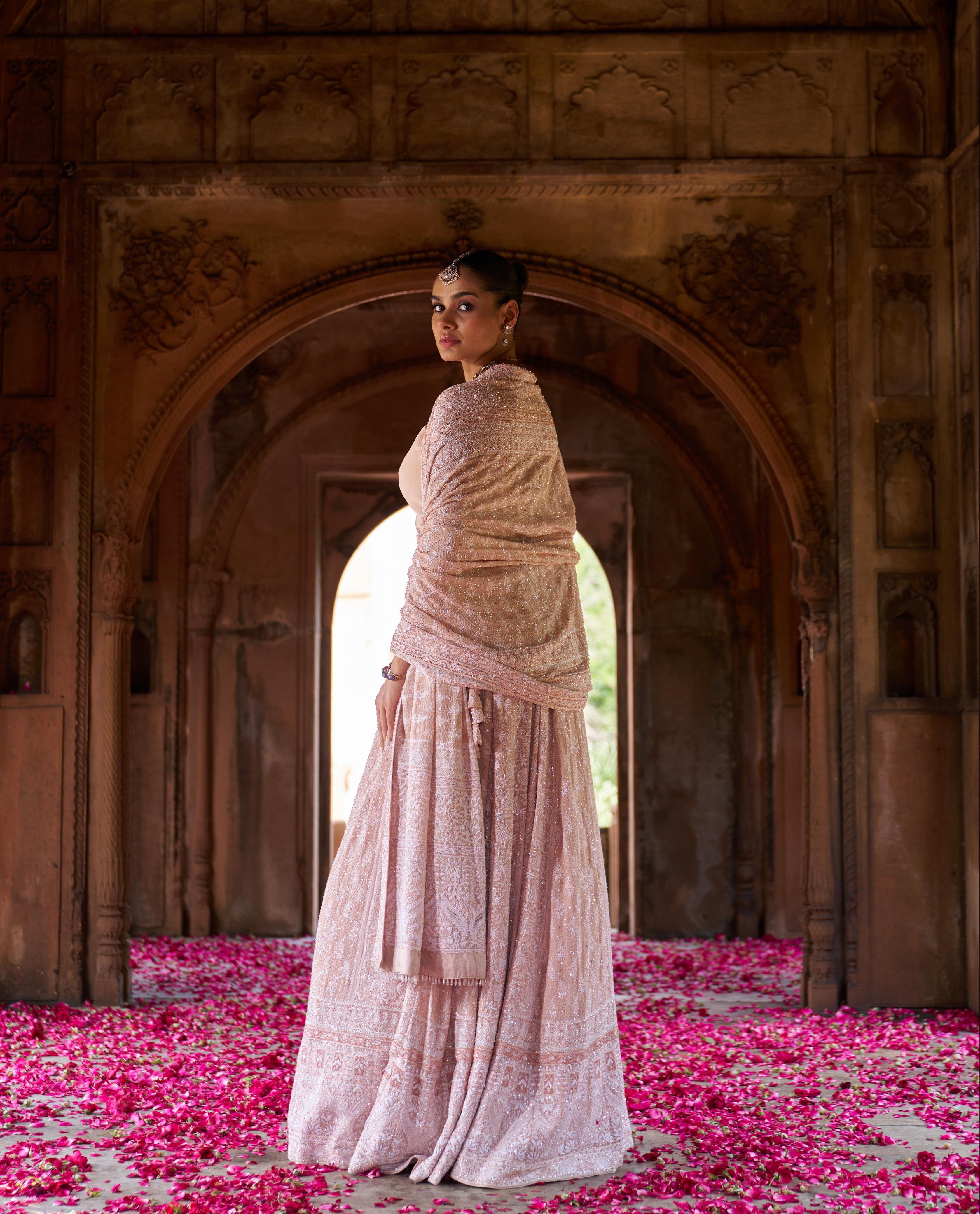 Peach Ek-taar Georgette Chikankari Lehenga Set