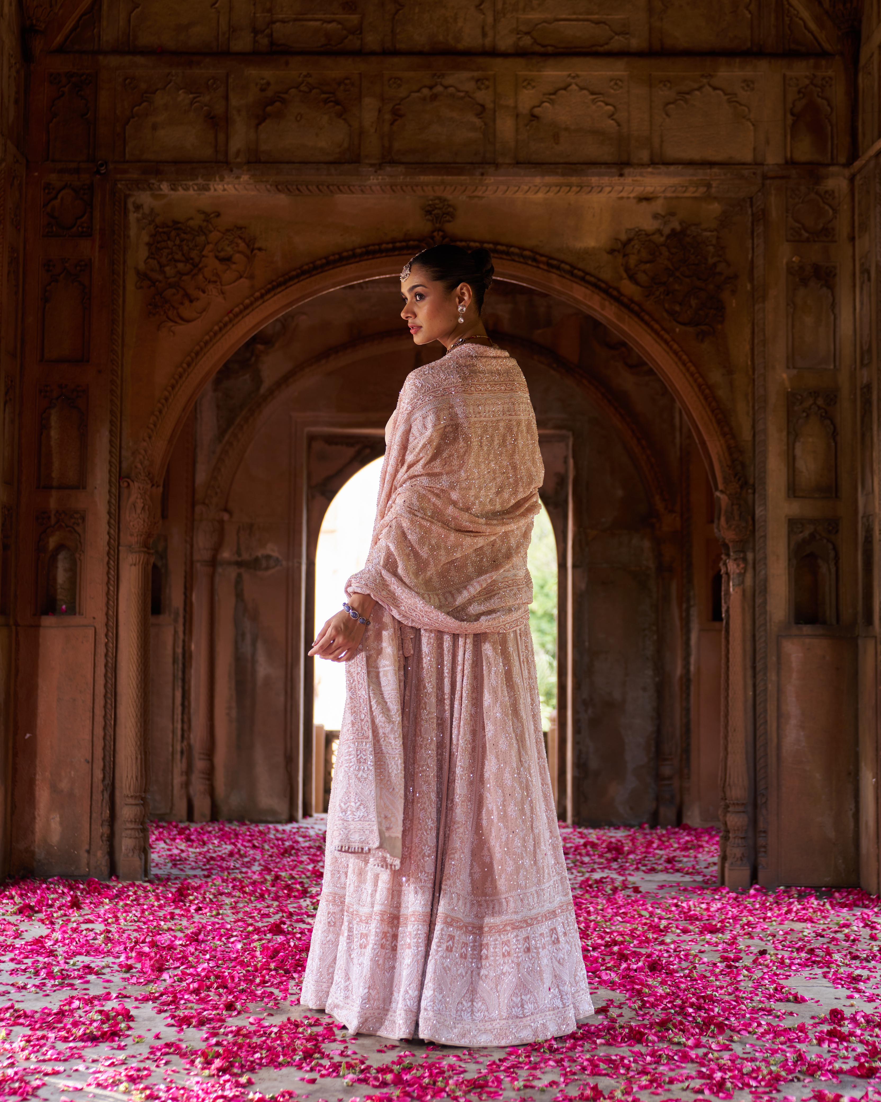 Peach Ek-taar Georgette Chikankari Lehenga Set