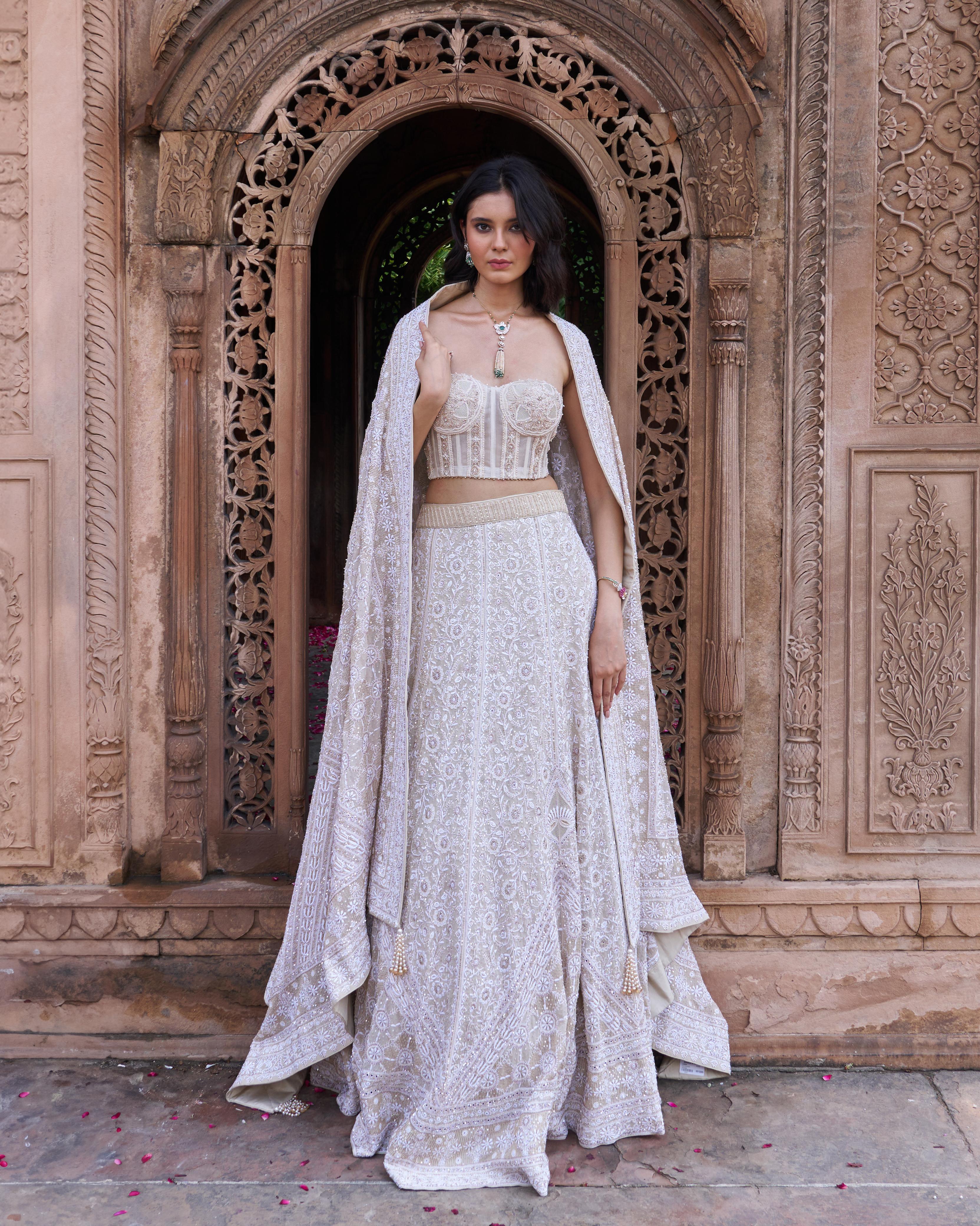 Ivory and Gold Ek - taar Georgette Chikankari Lehenga Set