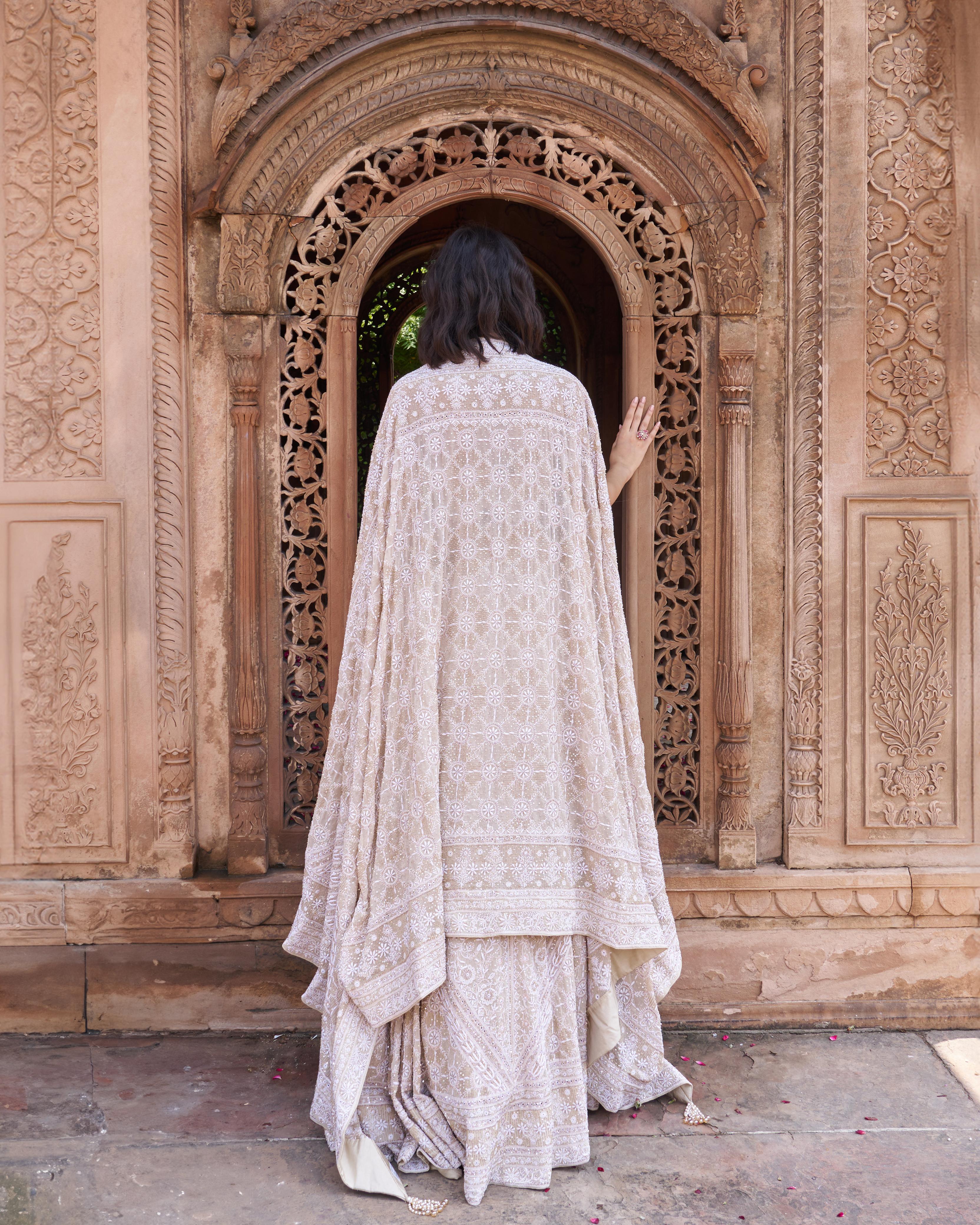 Ivory and Gold Ek - taar Georgette Chikankari Lehenga Set