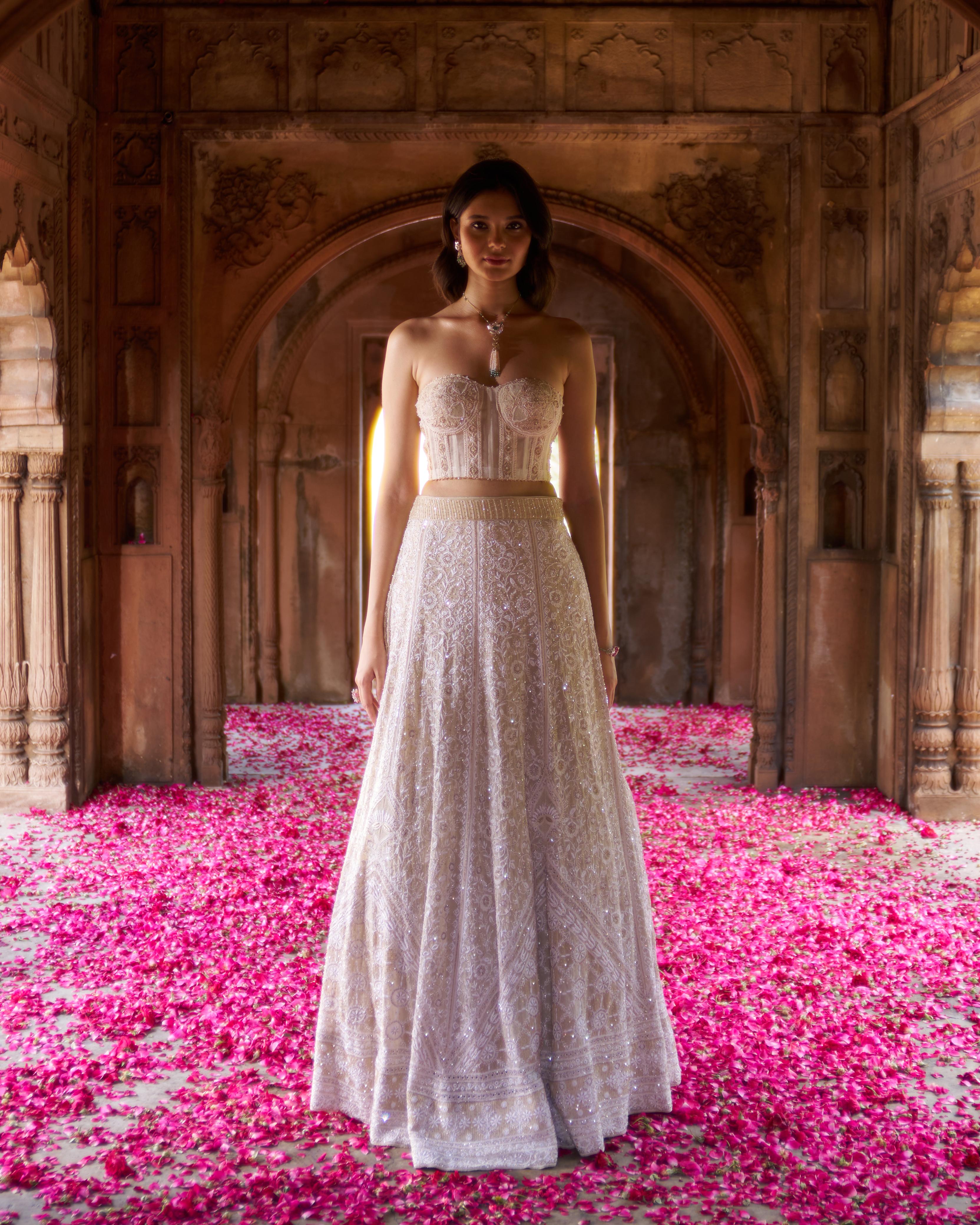 Ivory and Gold Ek - taar Georgette Chikankari Lehenga Set