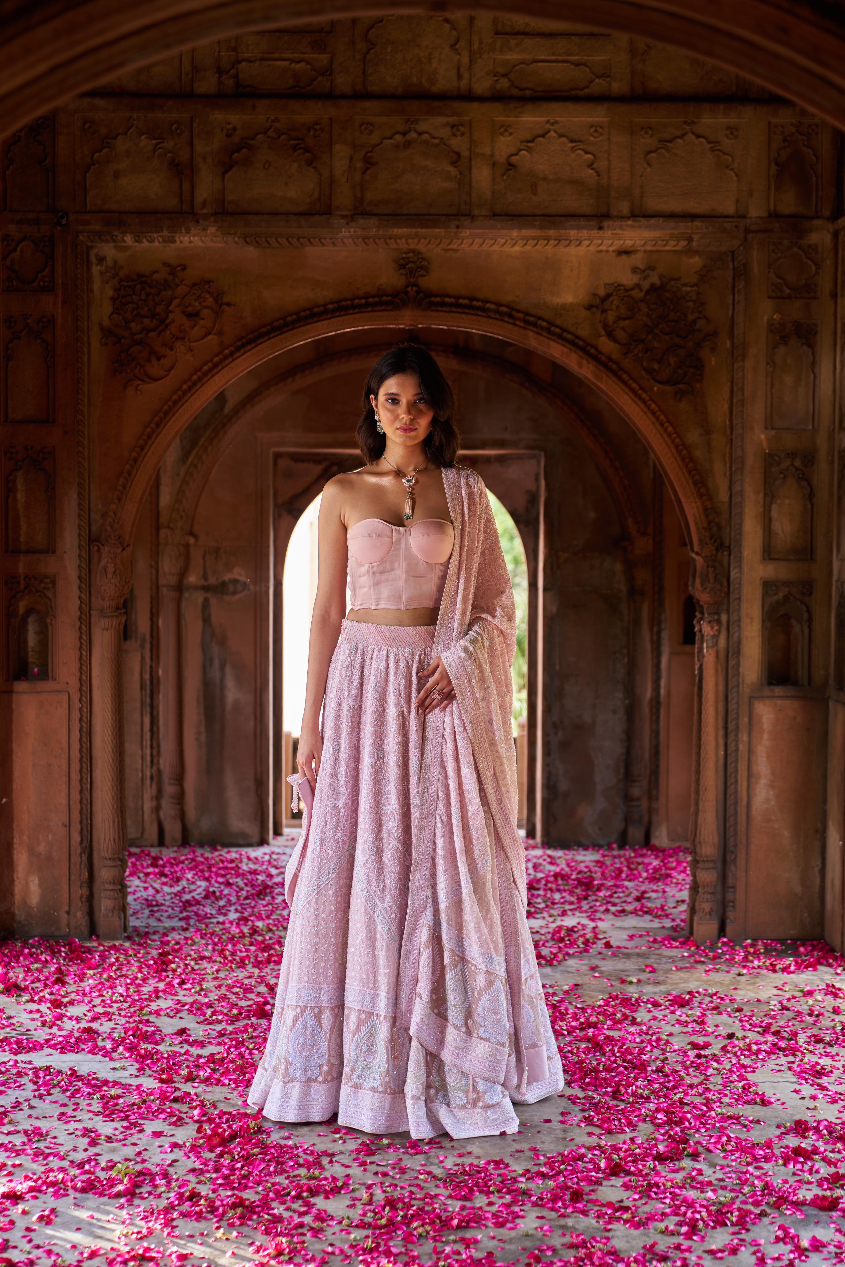 Pink Georgette Ek - taar Chikankari Lehenga set