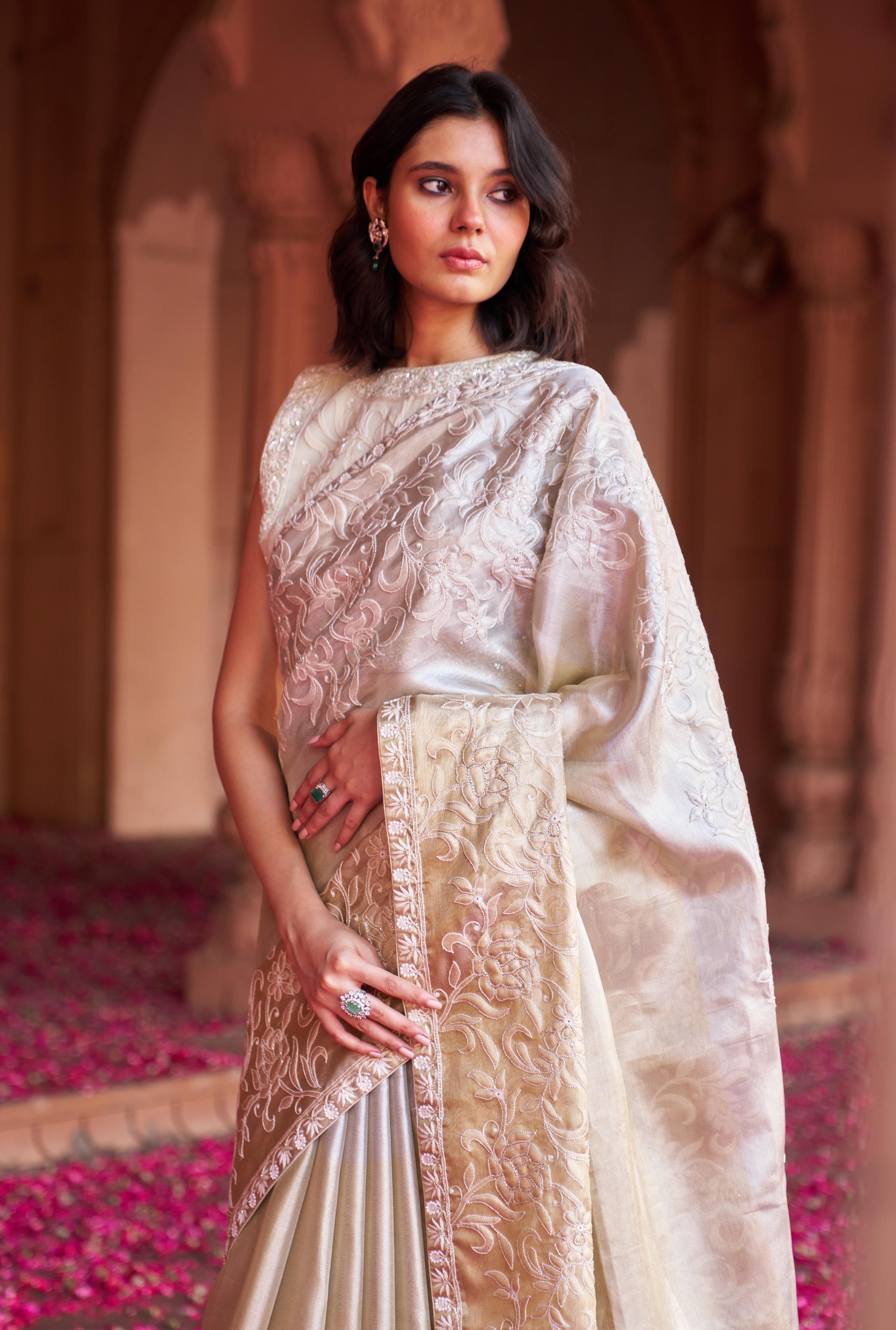 Gold Tissue Chikankari Saree with statement lotus design