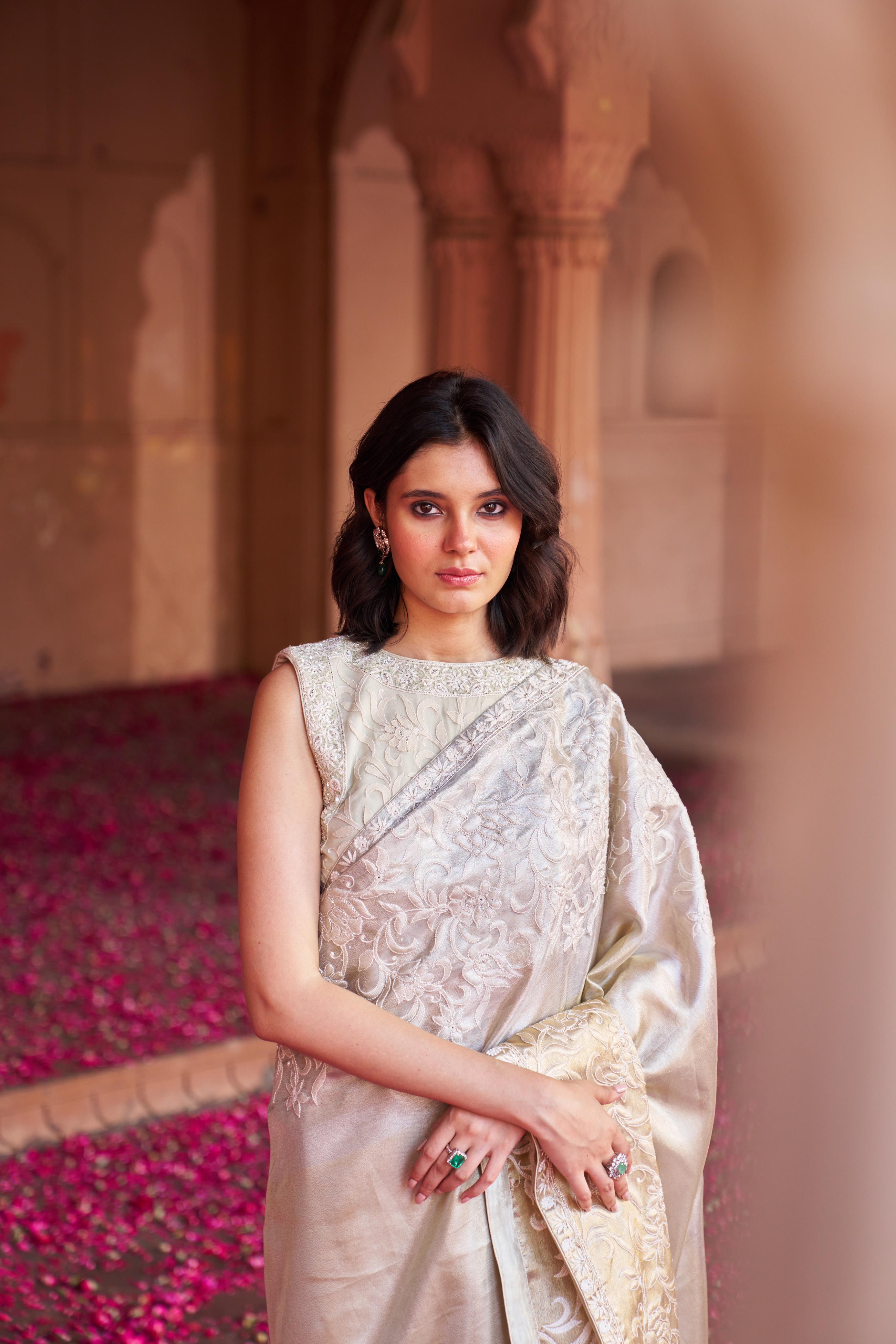 Gold Tissue Chikankari Saree with statement lotus design