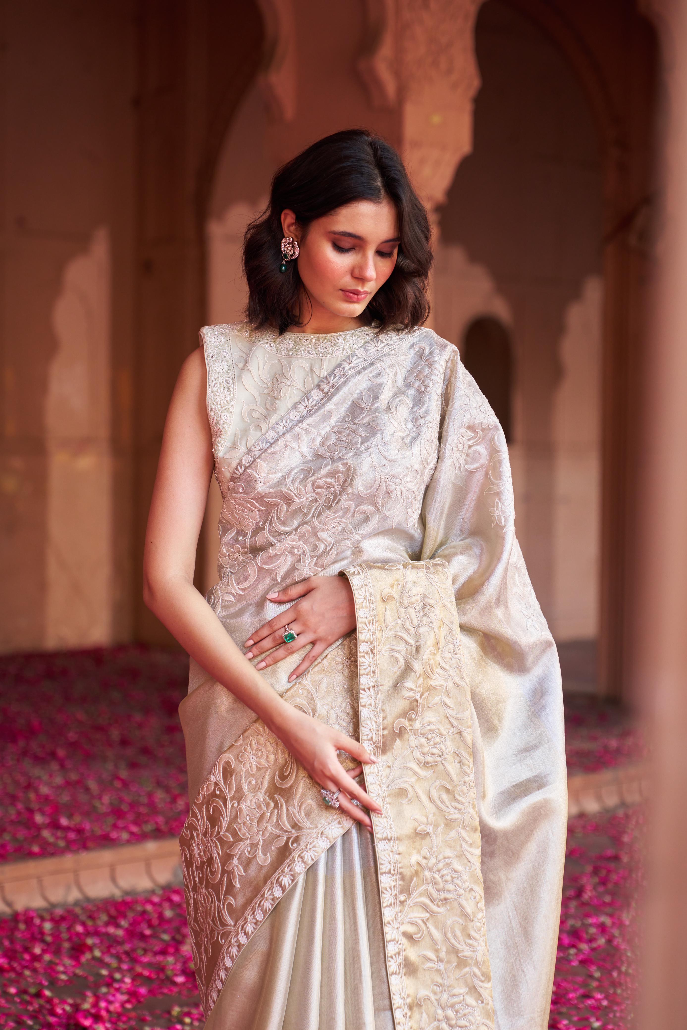 Gold Tissue Chikankari Saree with statement lotus design