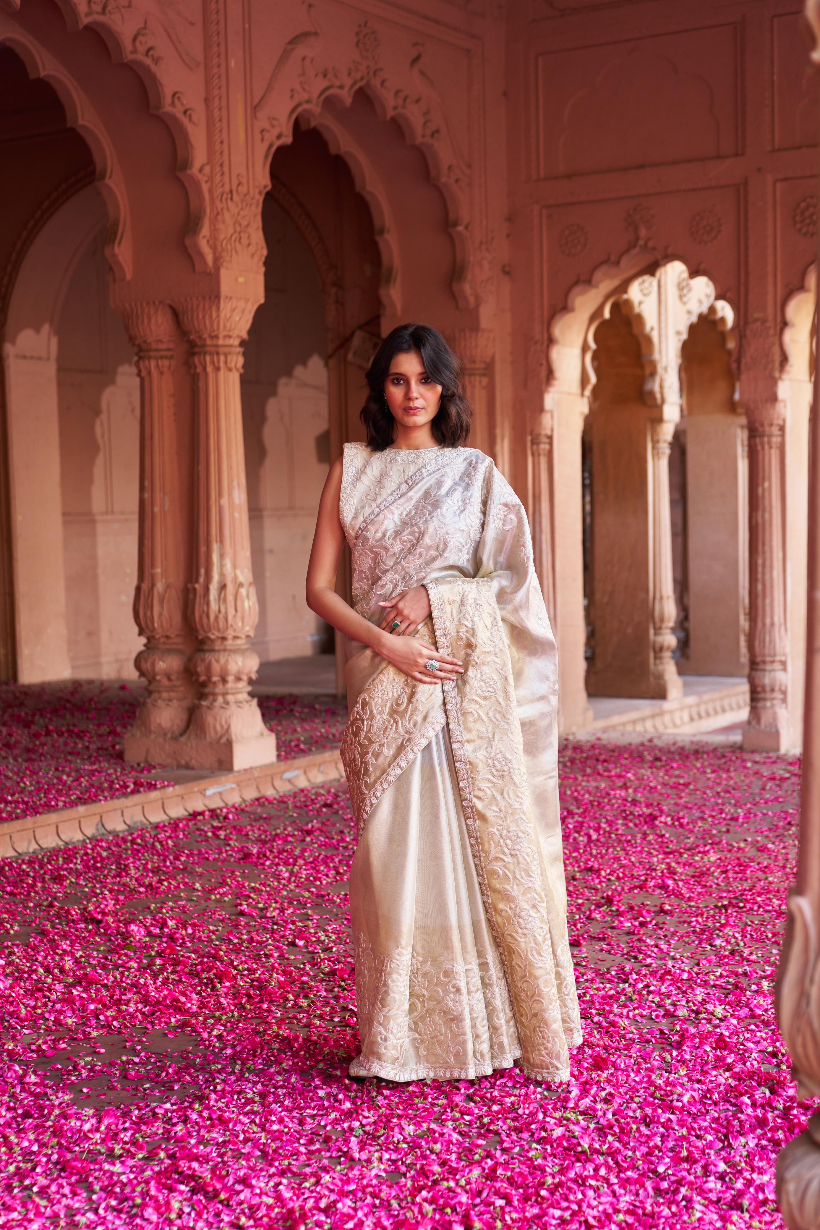 Gold Tissue Chikankari Saree with statement lotus design