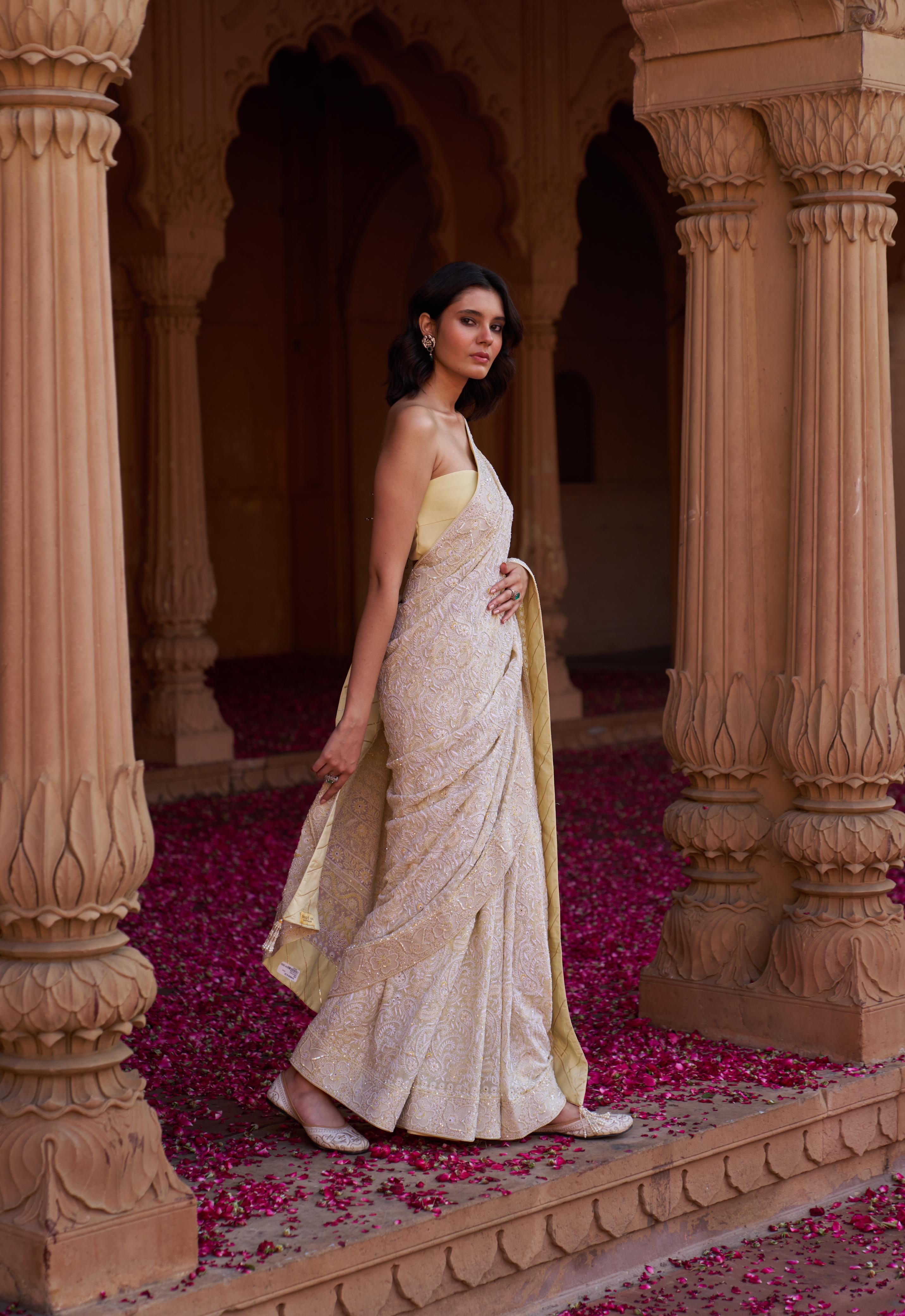 Lemon Yellow Georgette Chikankari Saree