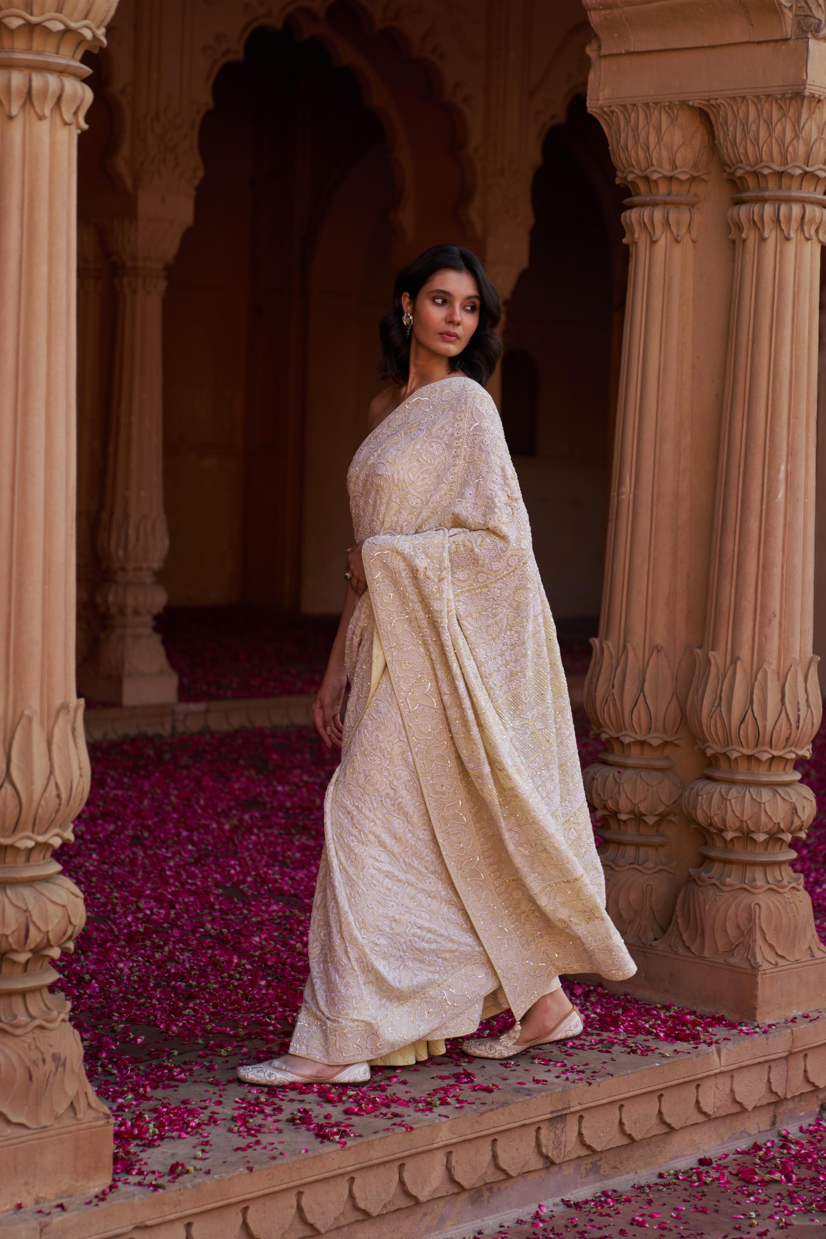 Lemon Yellow Georgette Chikankari Saree