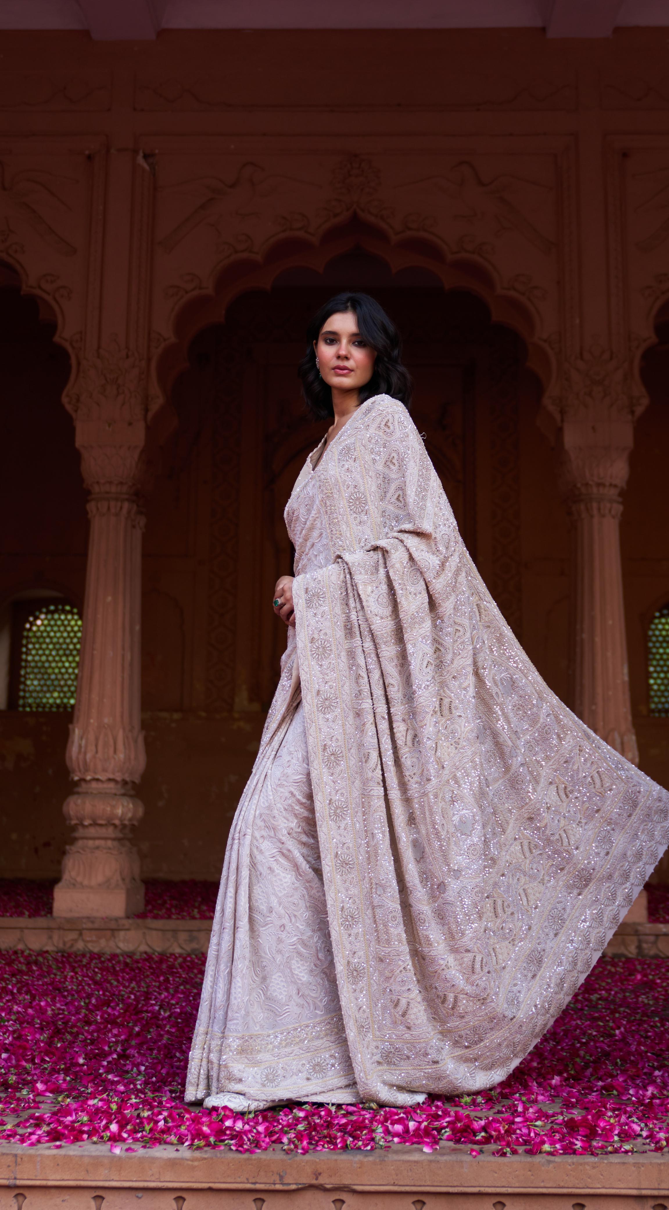 Ivory Do-taar Georgette Chikankari Saree