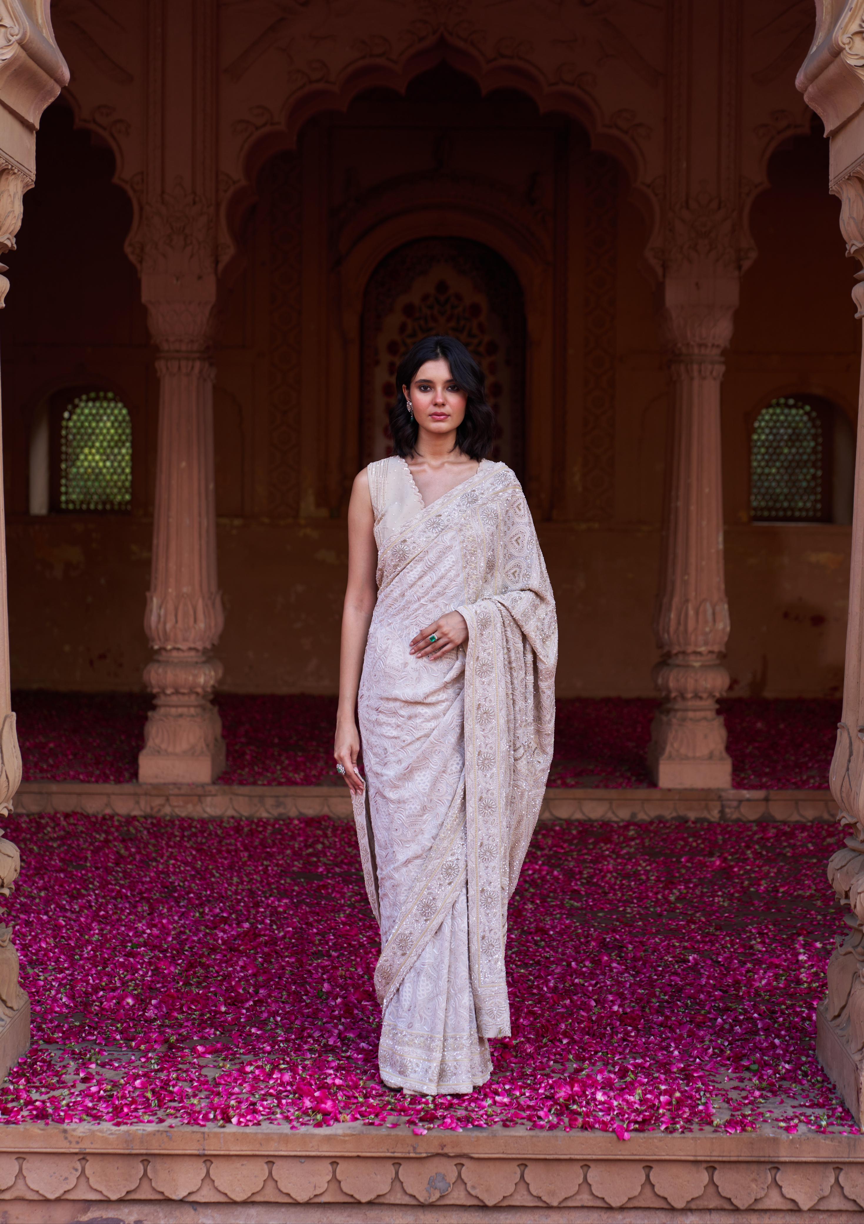 Ivory Do-taar Georgette Chikankari Saree