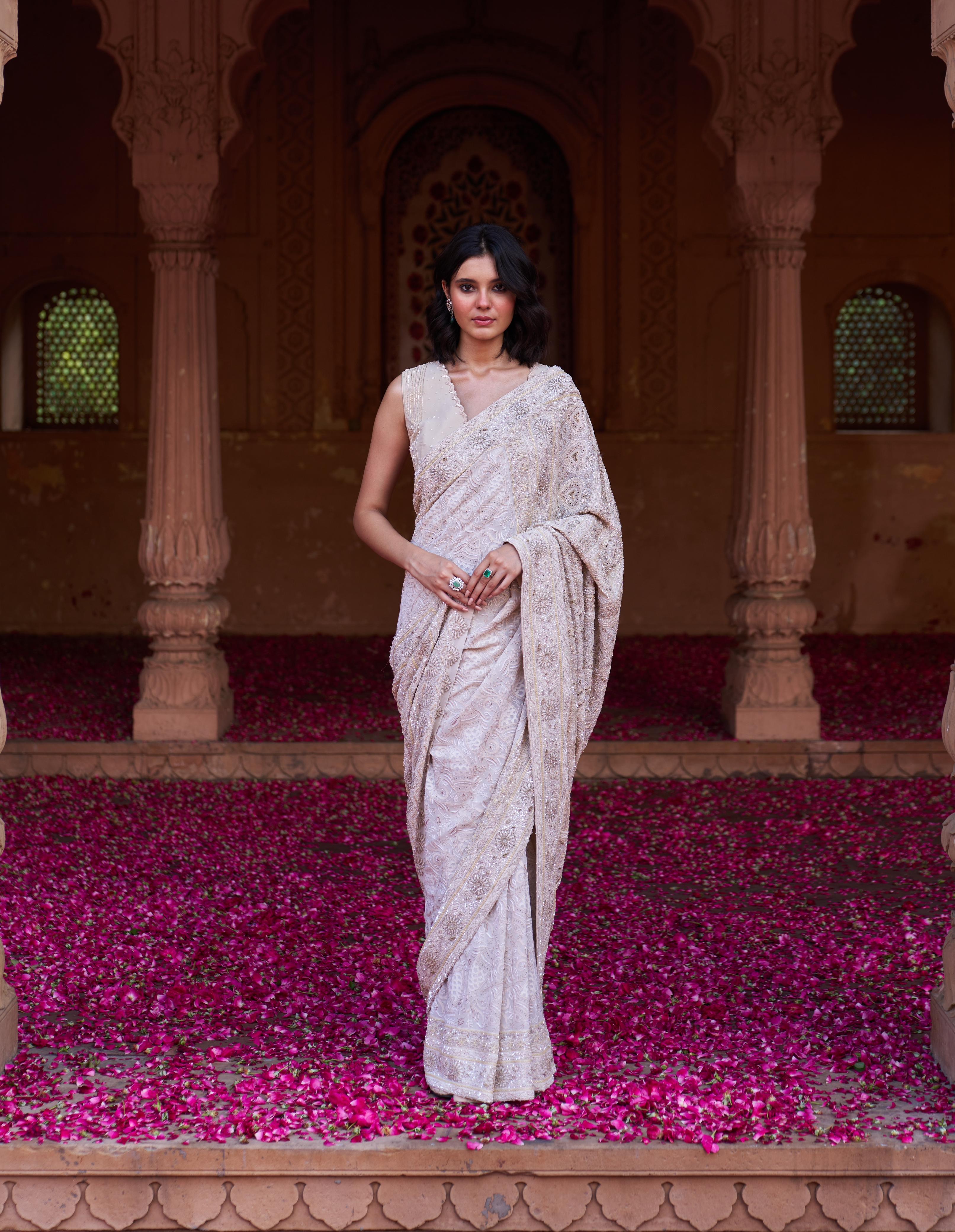 Ivory Do-taar Georgette Chikankari Saree