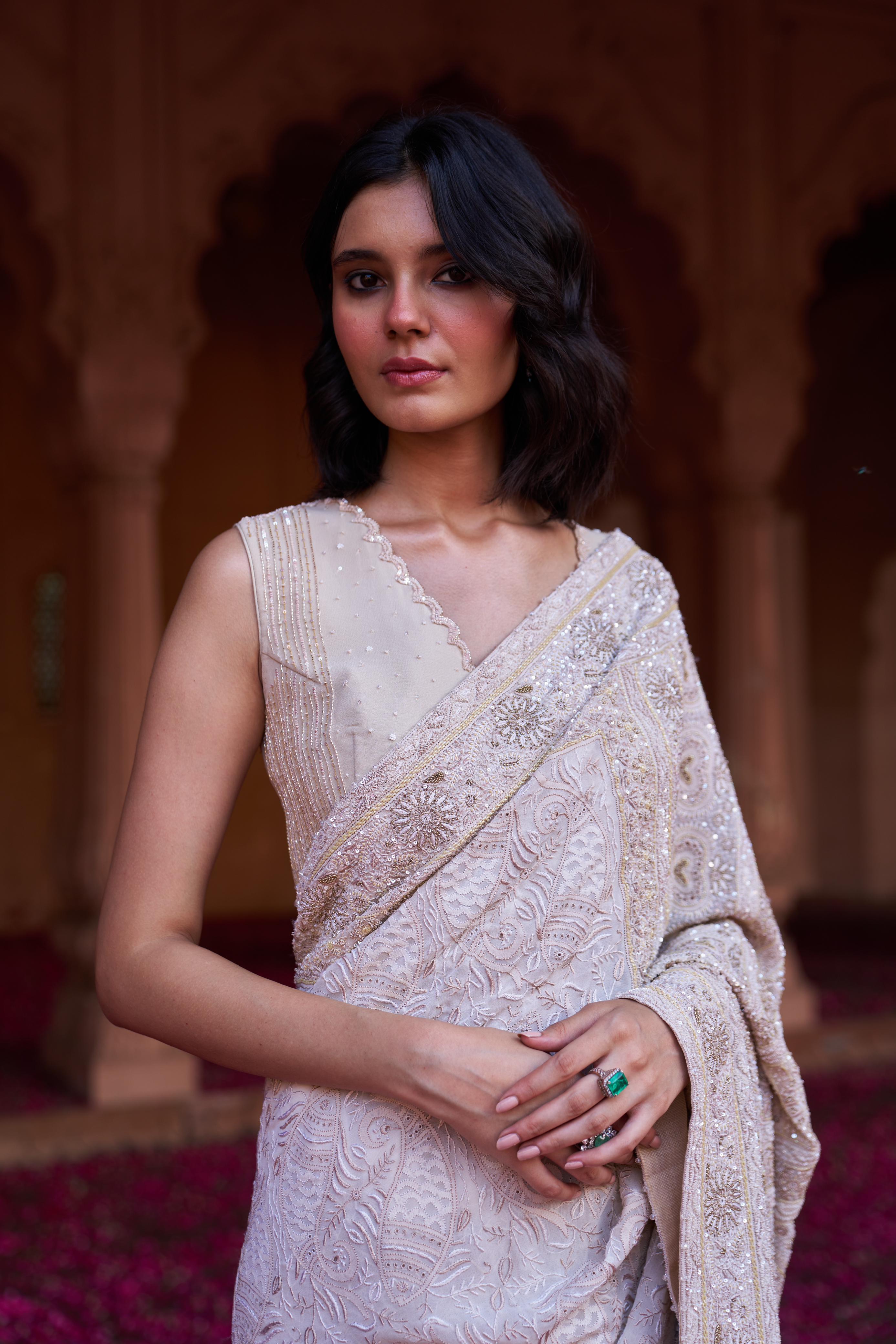 Ivory Do-taar Georgette Chikankari Saree